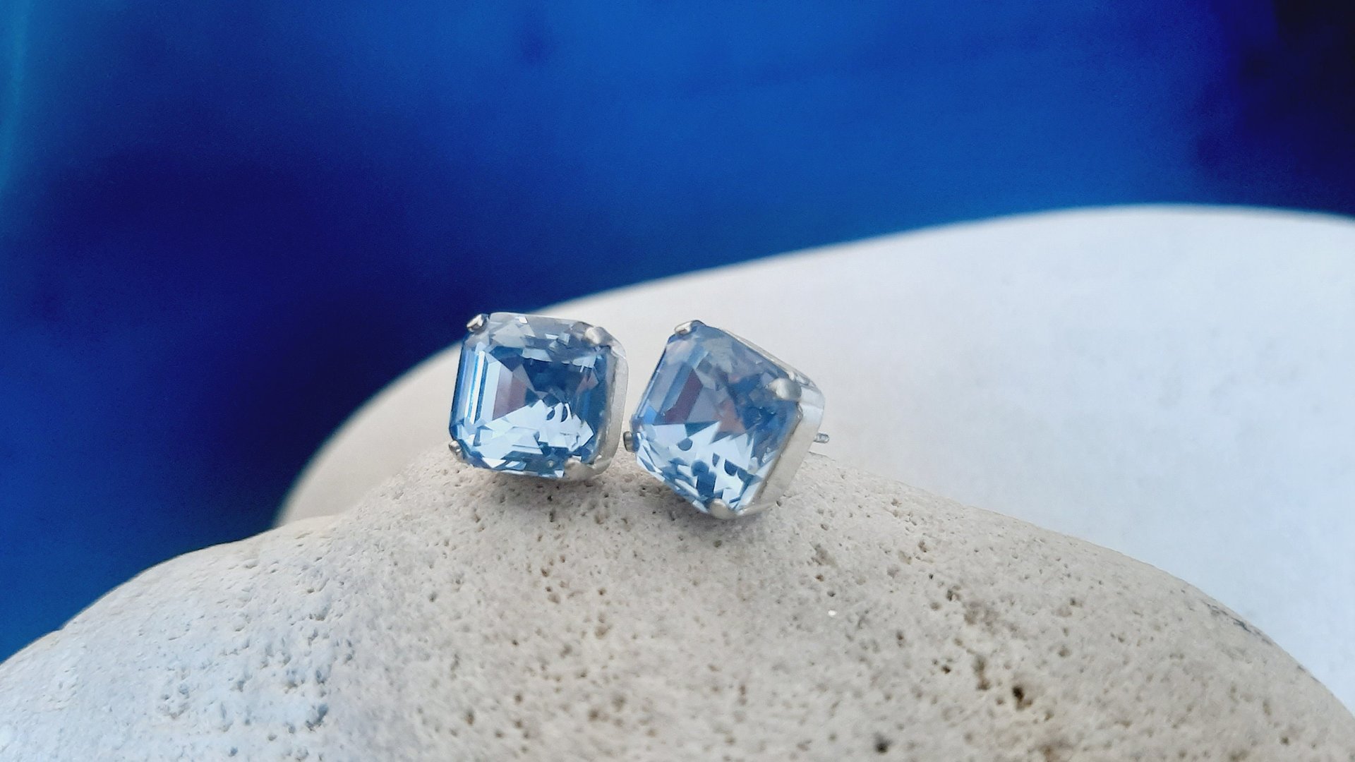 Light Sapphire Blue Square Stud Earrings, Asscher Cut Crystal, Imperial Pierced Post, Fancy Silver Jewelry, Girlfriend Love Gift