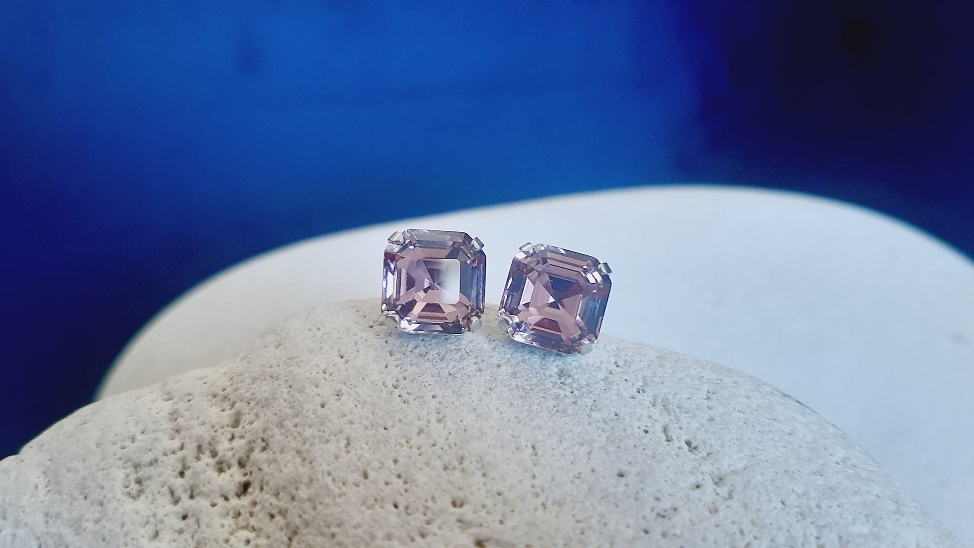 Antique Pink Square Post Earrings, Asscher Cut Crystal, Imperial Pierced Studs, Fancy Silver Jewelry, Wife Anniversary Gift