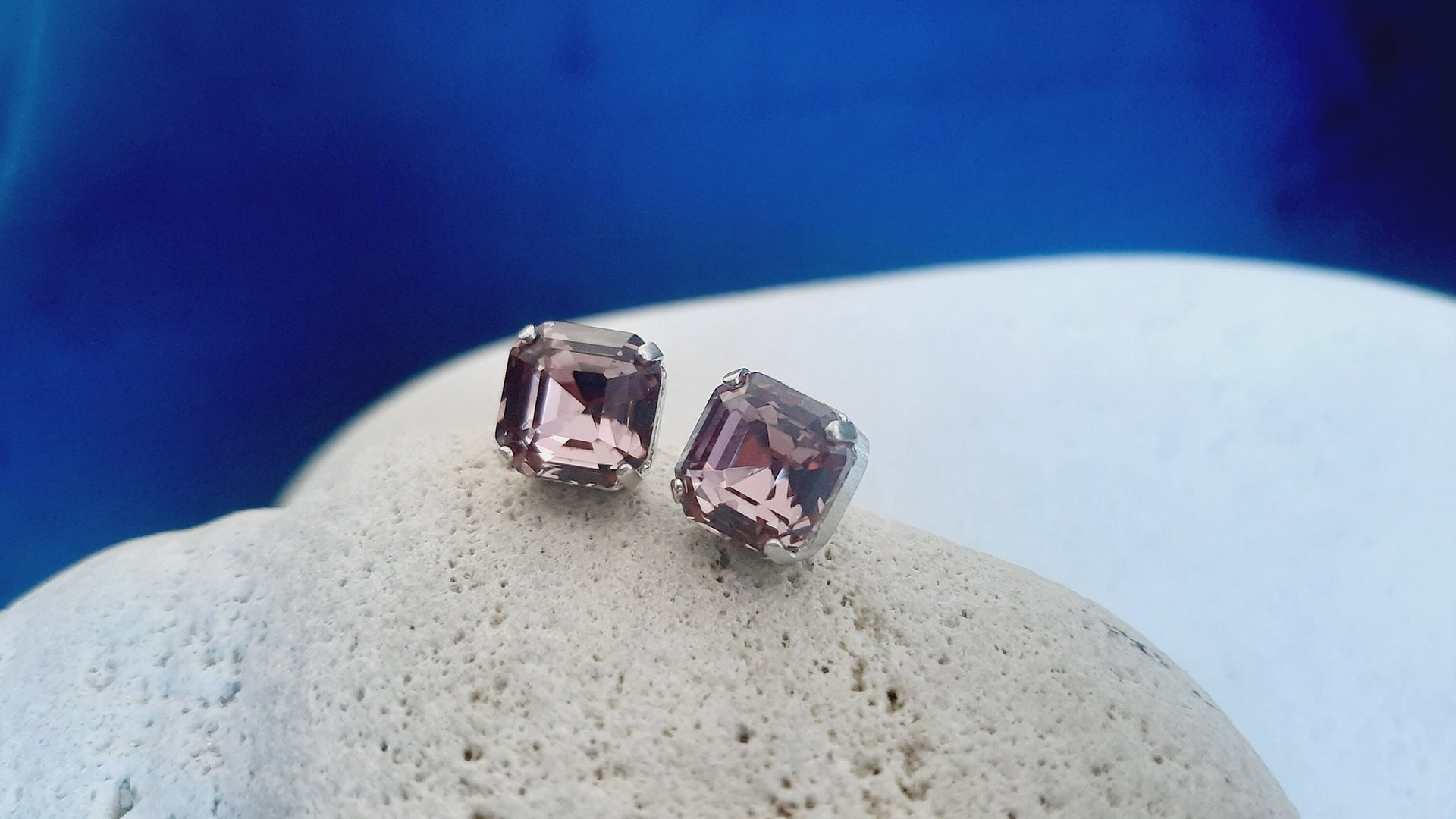 Antique Pink Square Post Earrings, Asscher Cut Crystal, Imperial Pierced Studs, Fancy Silver Jewelry, Wife Anniversary Gift