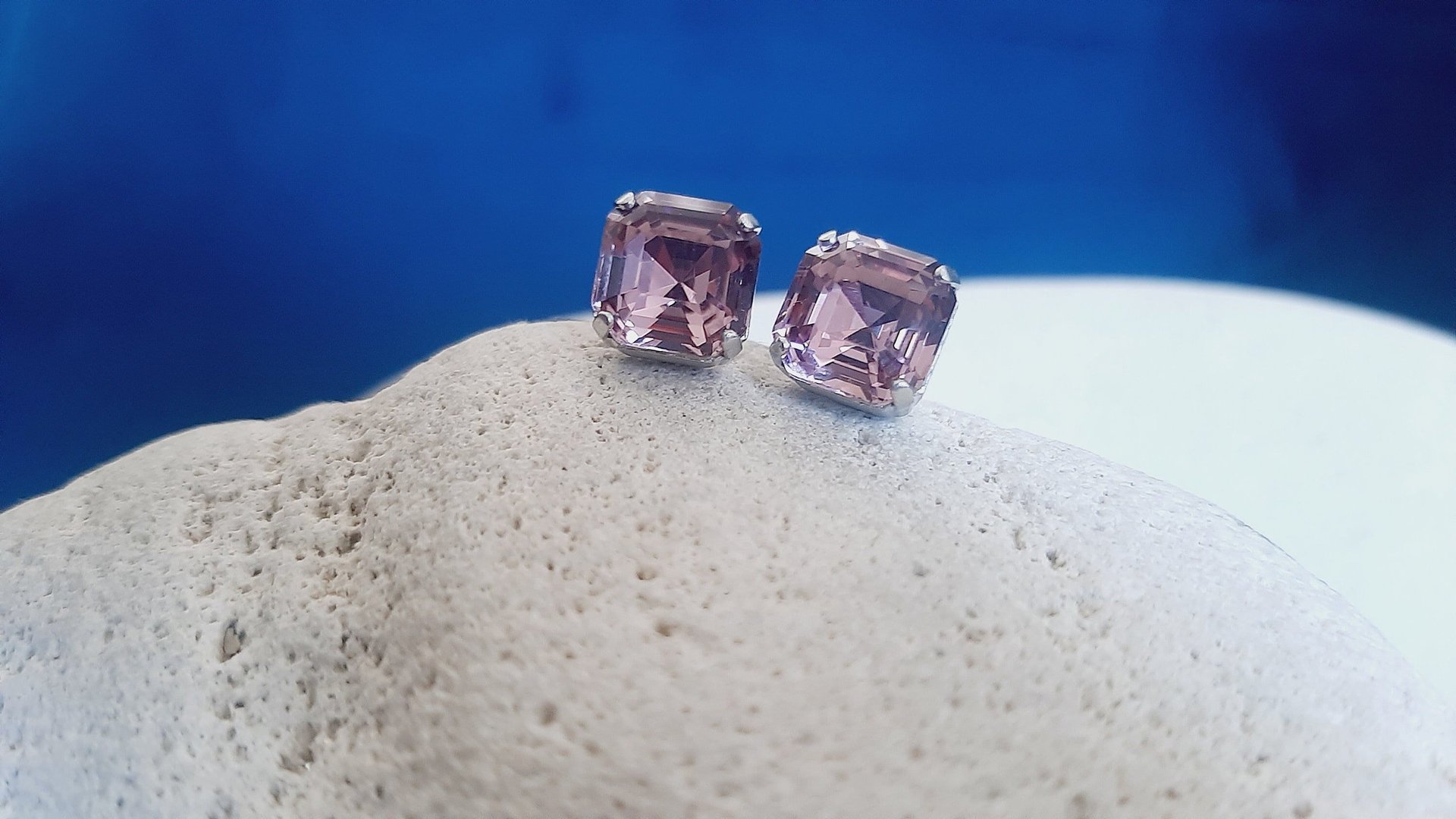 Antique Pink Square Post Earrings, Asscher Cut Crystal, Imperial Pierced Studs, Fancy Silver Jewelry, Wife Anniversary Gift