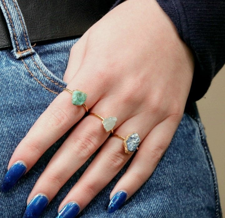 Raw Stone Sapphire Blue Druzy Ring, Boho Adjustable Dainty Ring, 925 Sterling Silver Gemstone Gold Jewelry