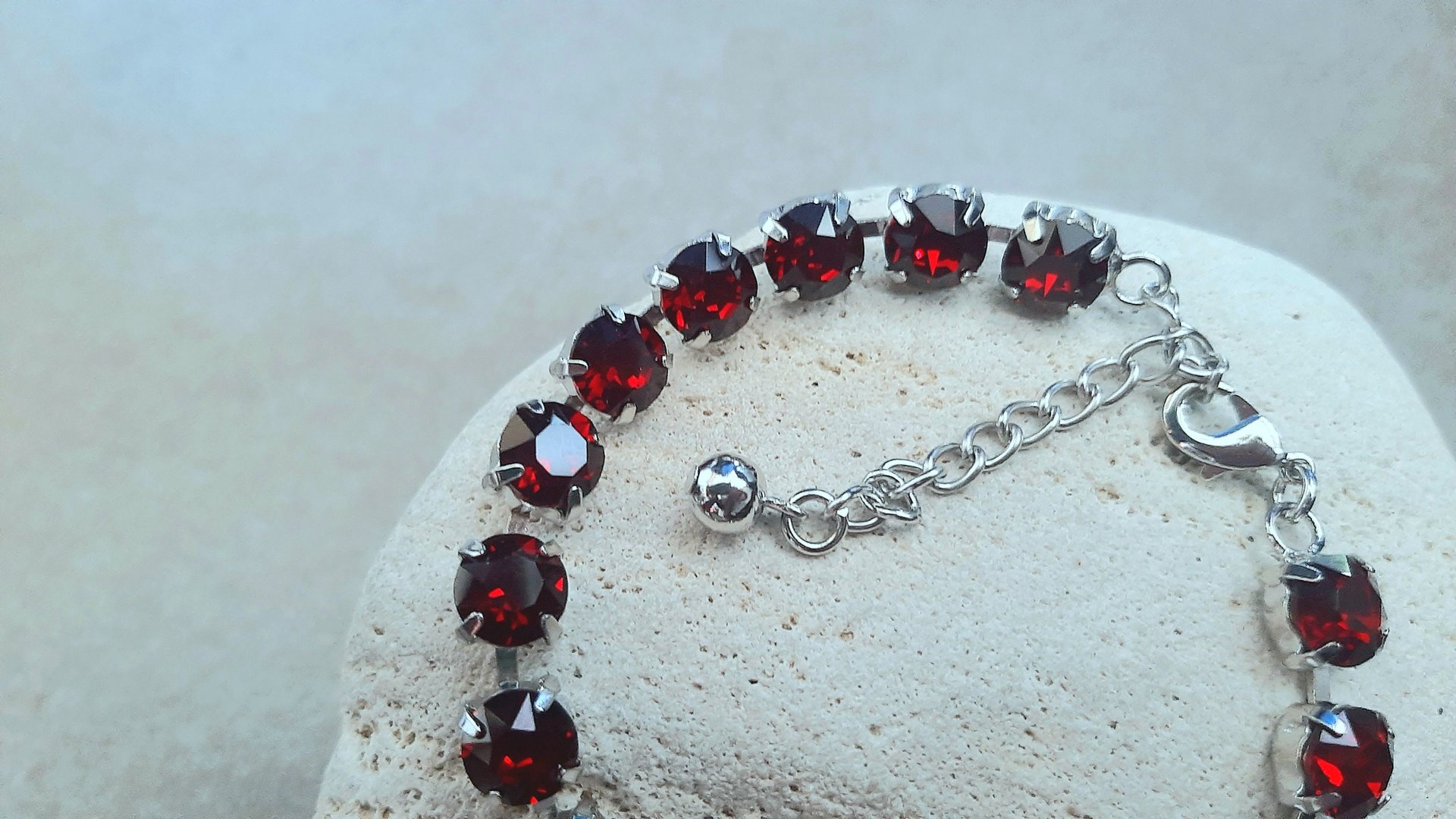 Siam Red Crystals Tennis Cup chain Bracelet 8mm, Women Silver Jewelry, Girls Birthday Gift