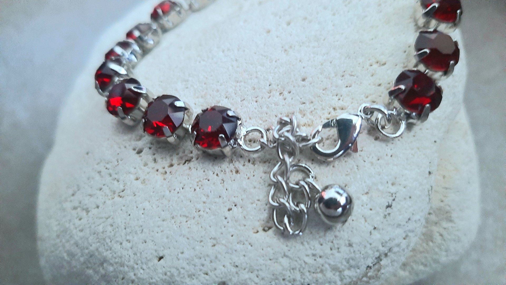 Siam Red Crystals Tennis Cup chain Bracelet 8mm, Women Silver Jewelry, Girls Birthday Gift