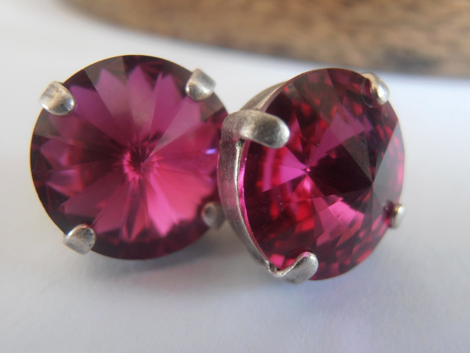 Fuchsia Pink Stud Earrings | Antique Silver Pierced Stud Earrings