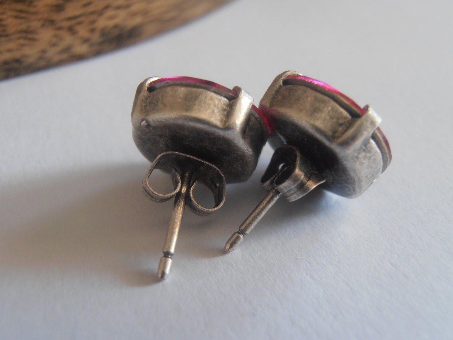 Fuchsia Pink Stud Earrings | Antique Silver Pierced Stud Earrings