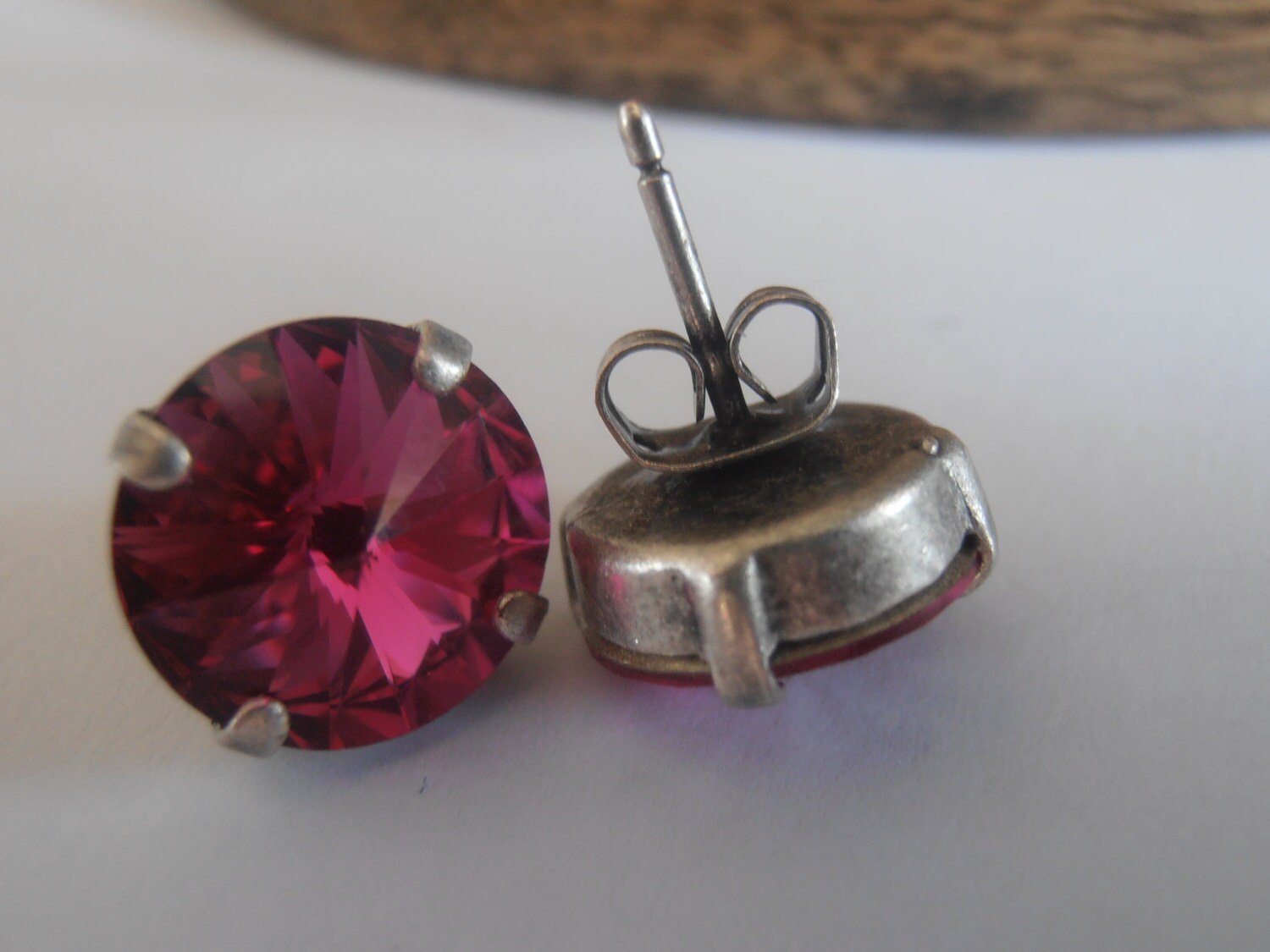 Fuchsia Pink Stud Earrings | Antique Silver Pierced Stud Earrings