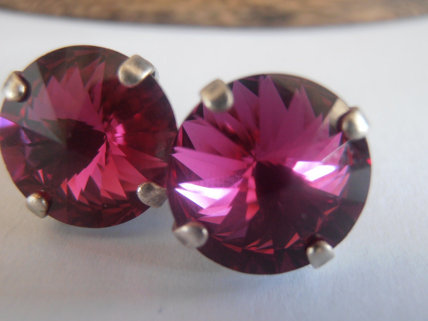 Fuchsia Pink Stud Earrings | Antique Silver Pierced Stud Earrings