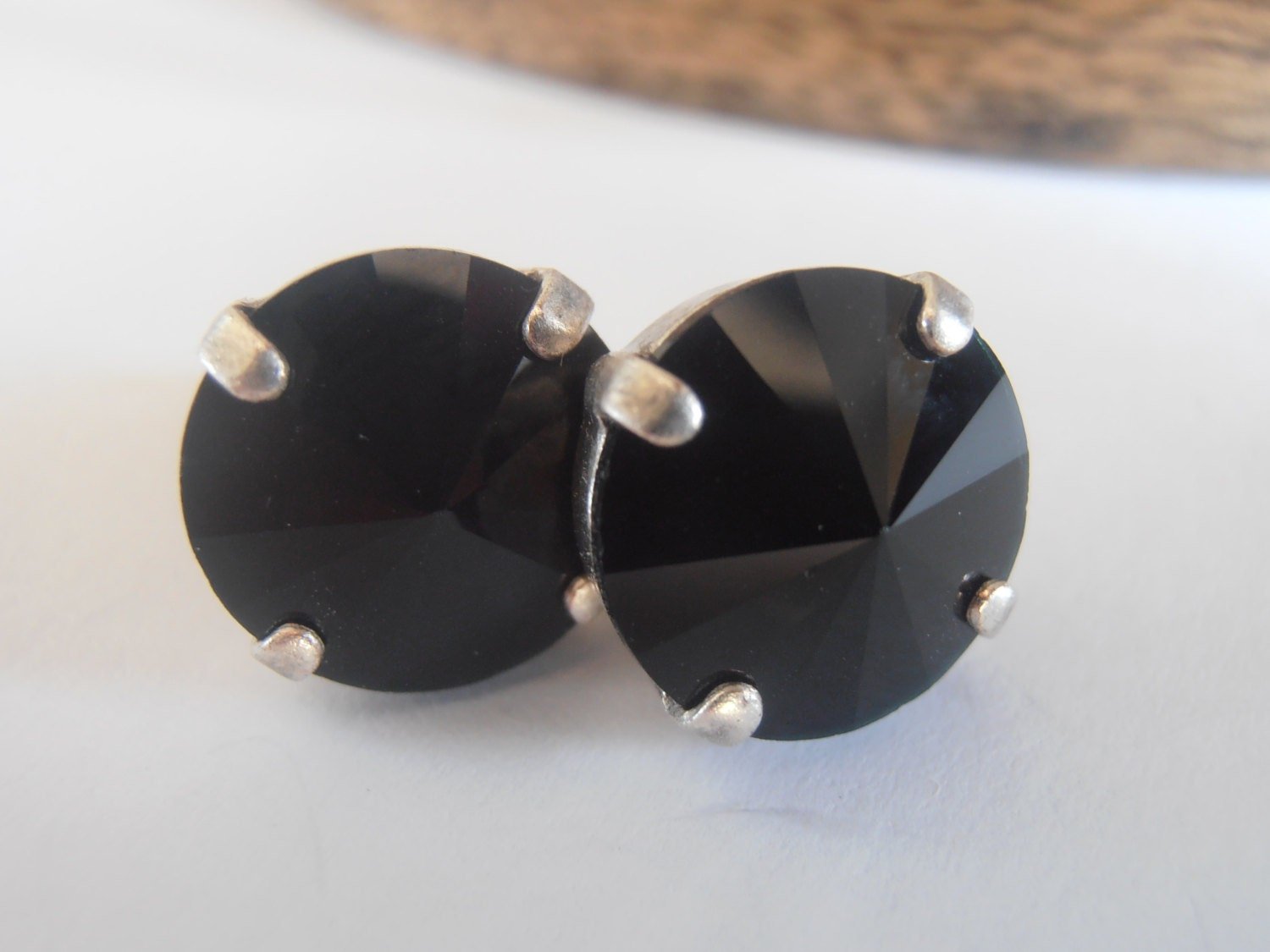 Jet Black Rivoli Stud Earrings / Pierced Post Jewelry / Round Crystal / Birthday Gift / Mother's day Gift