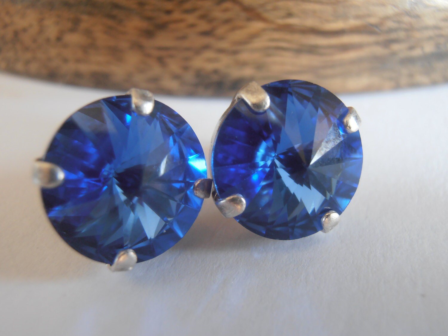 Sapphire Crystal Blue Rivoli Stud Earrings 12mm1122 / Costume Jewelry / Mother's day Gift / Round Pierced Post / Birthday Gift