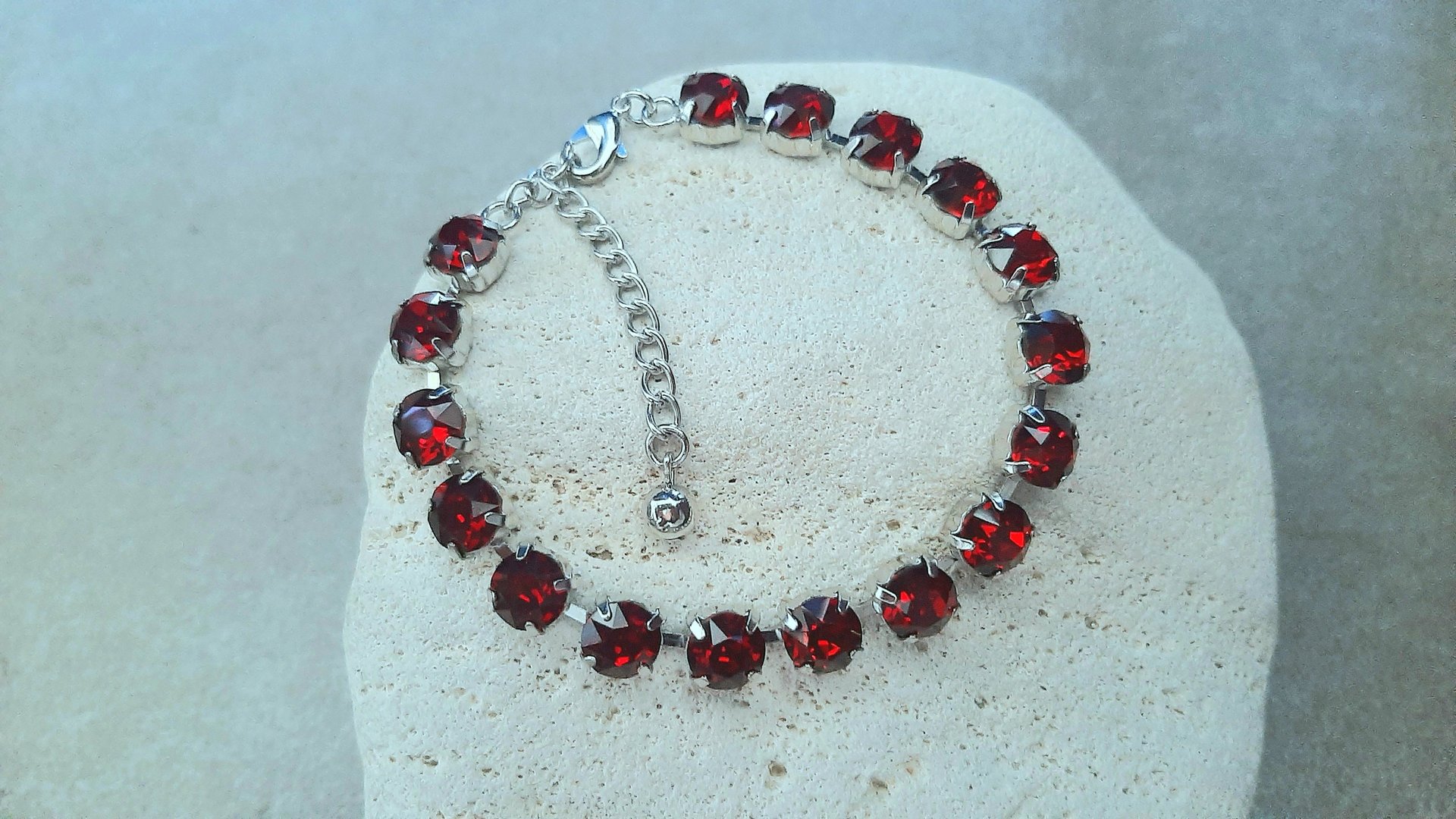 Siam Red Crystals Tennis Cup chain Bracelet 8mm, Women Silver Jewelry, Girls Birthday Gift