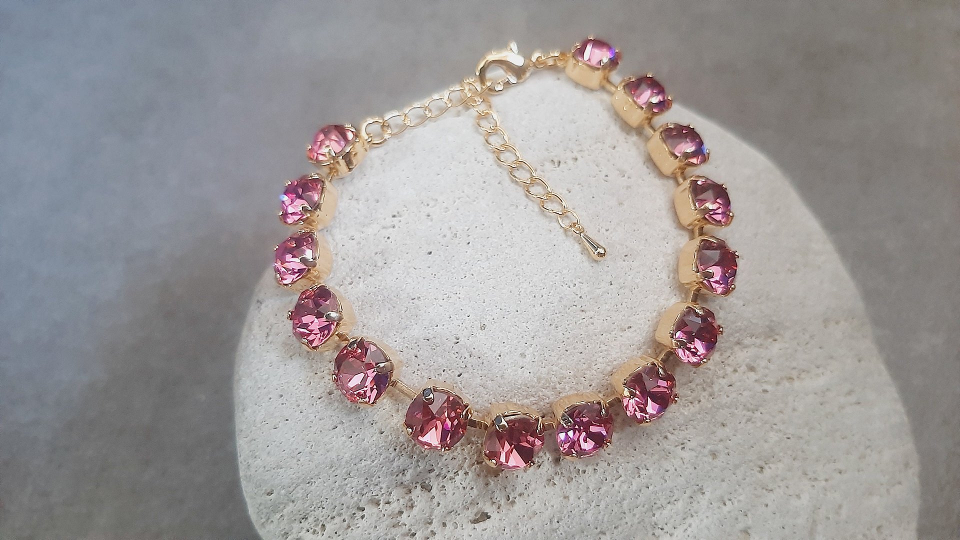 Handmade Tennis Bracelet with Pink Crystals in Gold Cup chain Sparkling Party Jewelry for Her Mother's Day Gift