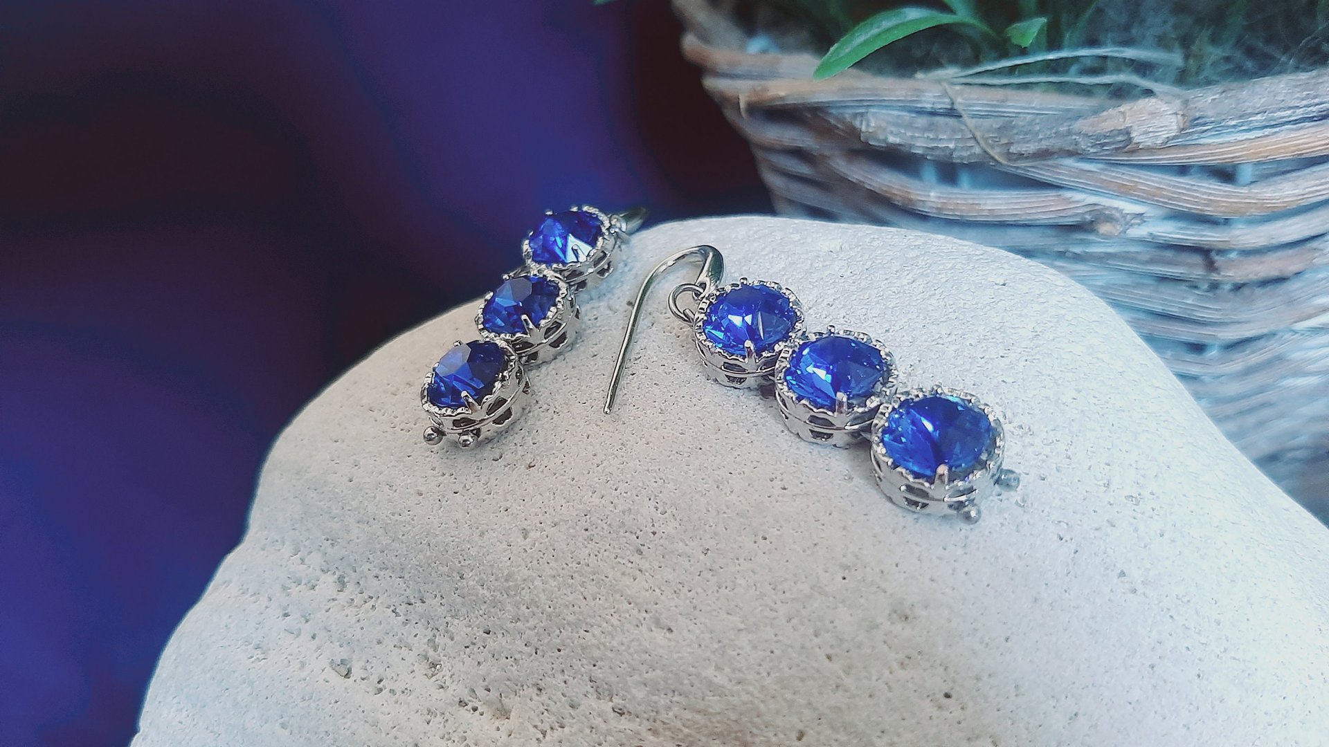 Blue Sapphire Crystal Long Filigree Earrings | Mother's Day Jewelry