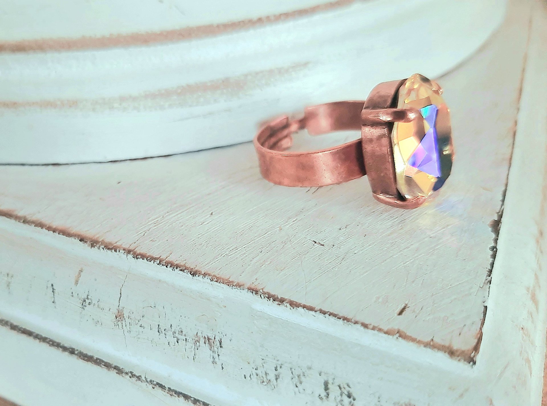 Aurora Shimmer Crystal Adjustable Band Ring in Antique Copper, Women Statement Jewelry, Oval Rings for Girls