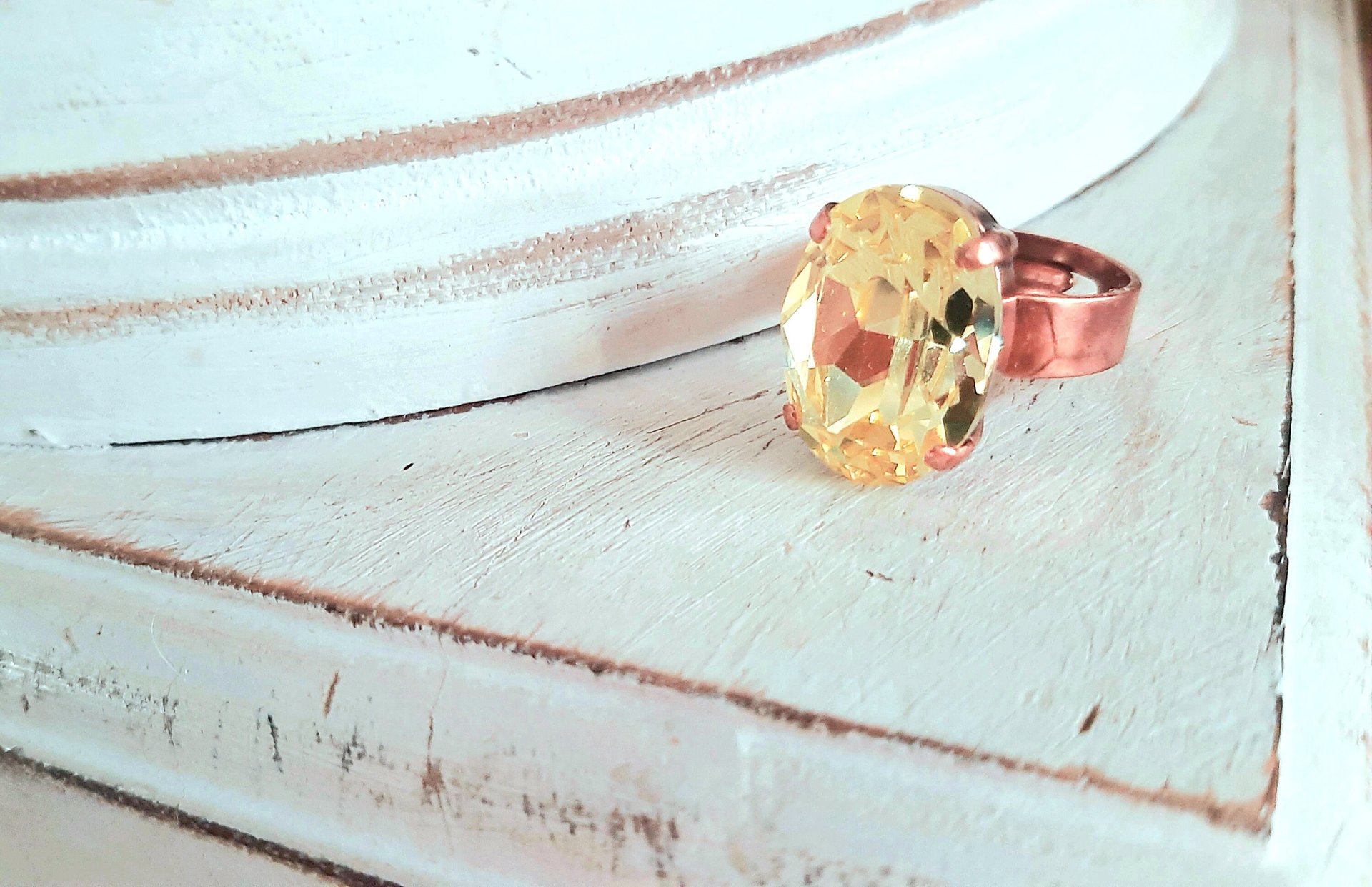 Citrine Yellow Crystal Cocktail Band Ring in Antique Copper, Sparkling Jewelry for Girls, Birthday Gift Ideas