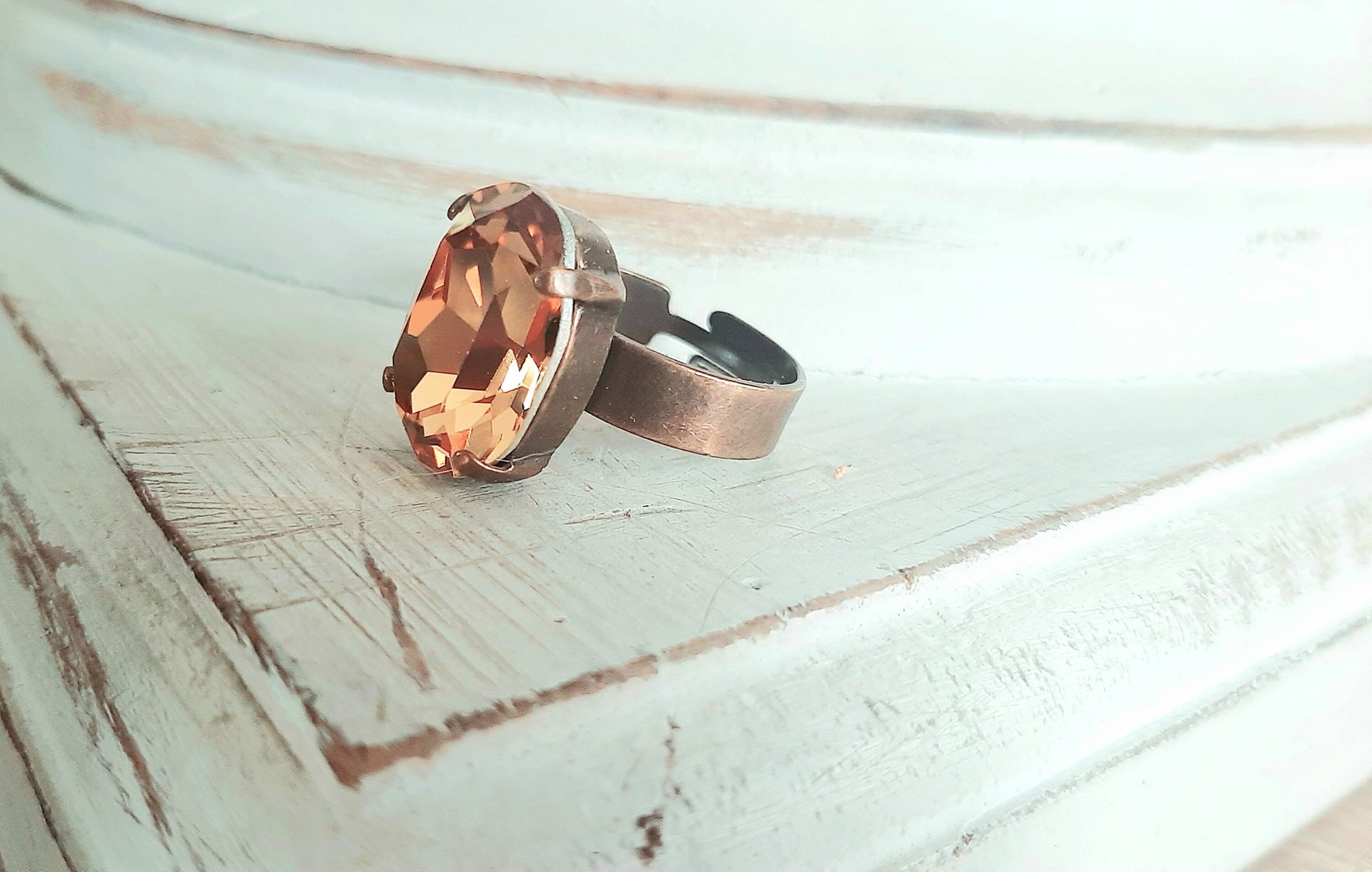 Handmade Bronze Band Adjustable Ring with Light Smoked Topaz Crystal, Antique Jewelry Birthday Gift, Victorian Cocktail Oval Ring