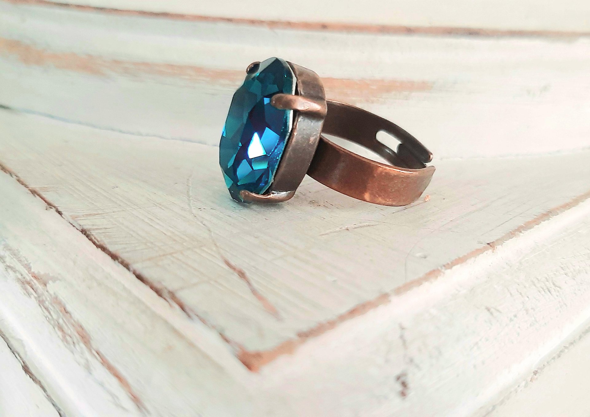 Crystal Teal Blue Bronze Adjustable Band, Victorian Style Oval Ring, Antique Statement Jewelry for Women, Sparkling Gift Ideas