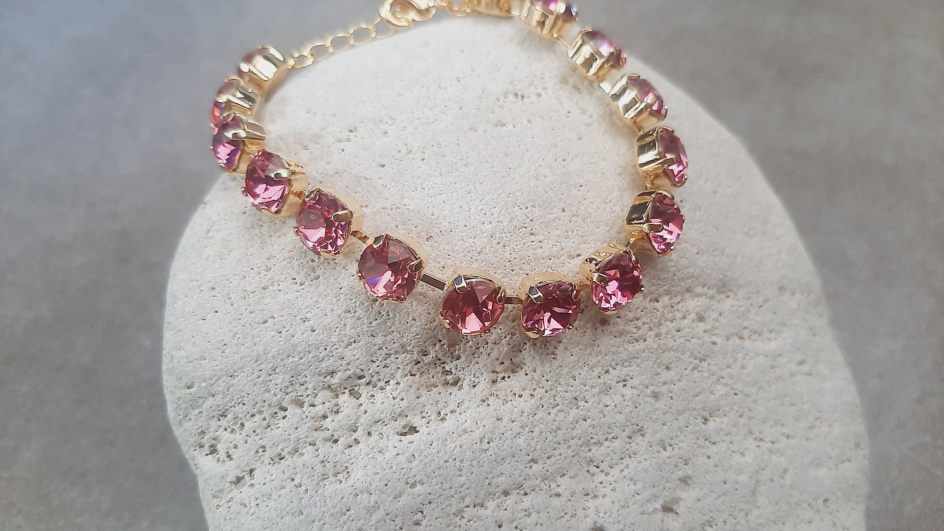 Handmade Tennis Bracelet with Pink Crystals in Gold Cup chain Sparkling Party Jewelry for Her Mother's Day Gift