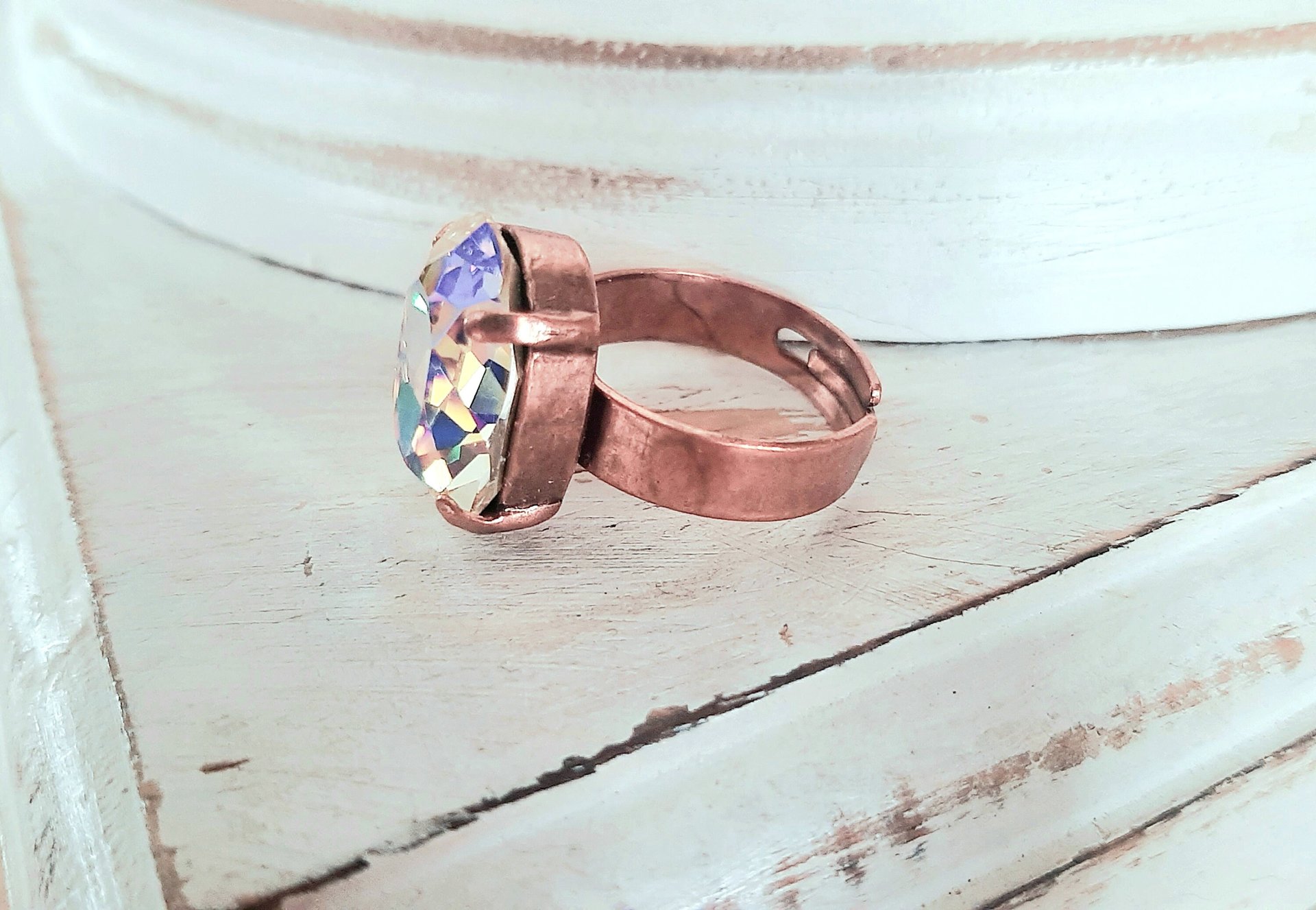 Aurora Shimmer Crystal Adjustable Band Ring in Antique Copper, Women Statement Jewelry, Oval Rings for Girls