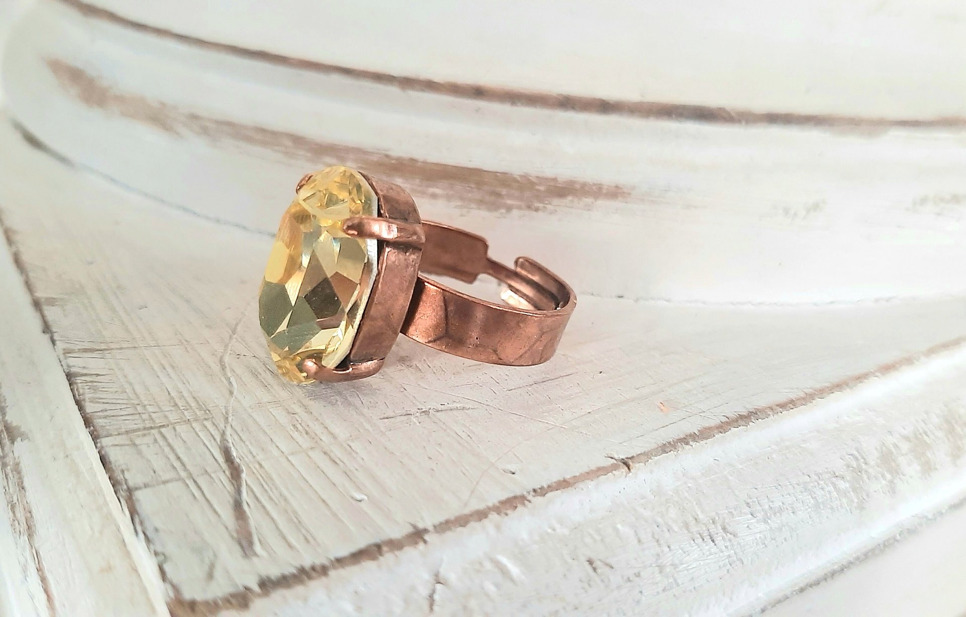 Citrine Yellow Crystal Cocktail Band Ring in Antique Copper, Sparkling Jewelry for Girls, Birthday Gift Ideas