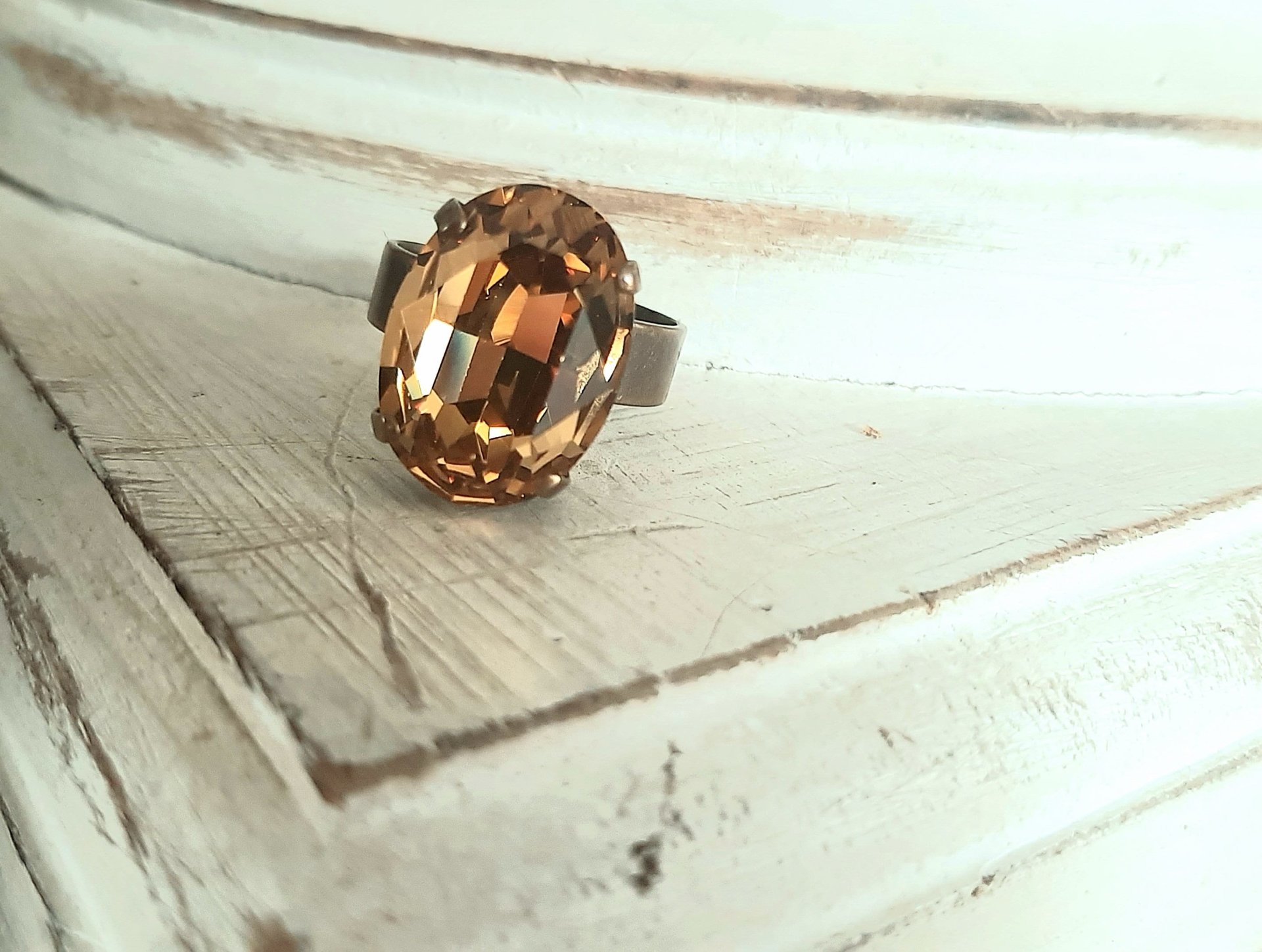 Handmade Bronze Band Adjustable Ring with Light Smoked Topaz Crystal, Antique Jewelry Birthday Gift, Victorian Cocktail Oval Ring