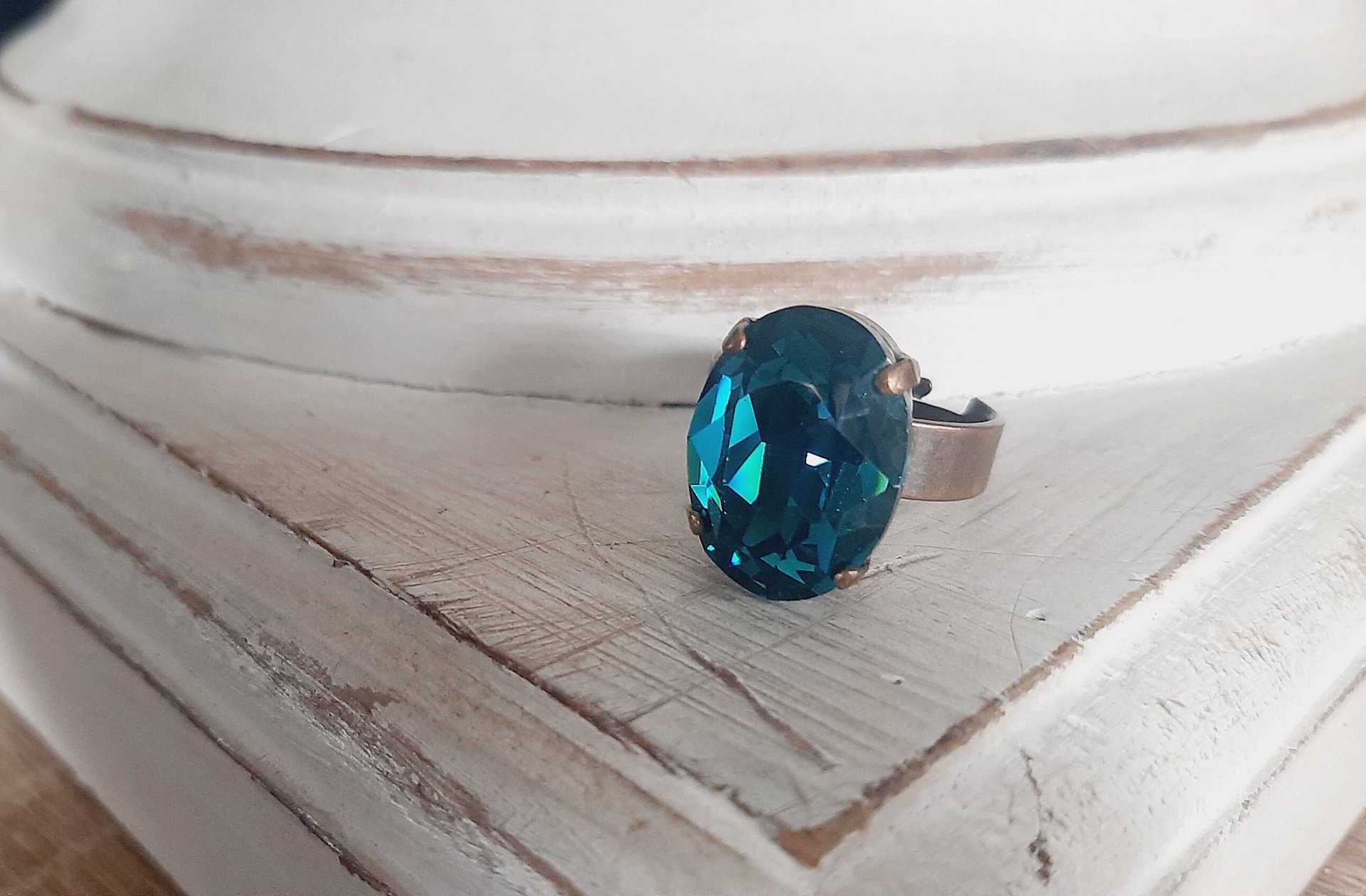 Crystal Teal Blue Bronze Adjustable Band, Victorian Style Oval Ring, Antique Statement Jewelry for Women, Sparkling Gift Ideas