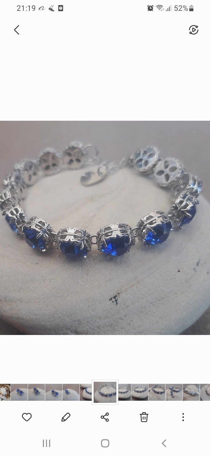 Sapphire Crystal Filigree Bracelet, Art Deco Platinum Jewelry for Women, Blue Bezel Bracelet, Wife Anniversary Gift