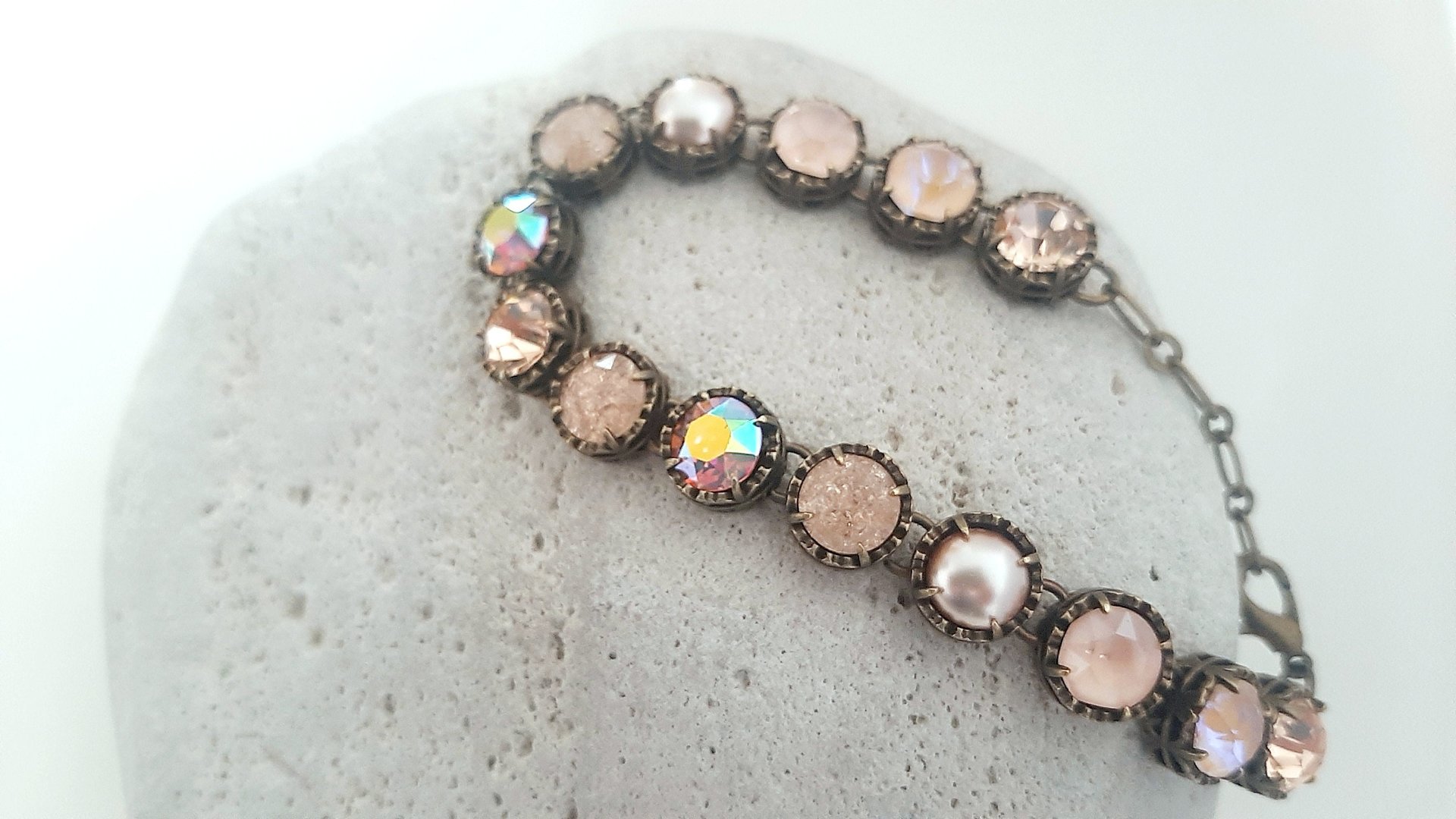 Peach Beige Multi-colors Rhinestone Bracelet in Bronze, Women Antique Crystal Jewelry, Art Deco Style Gifts for Mom, Vintage Bracelets