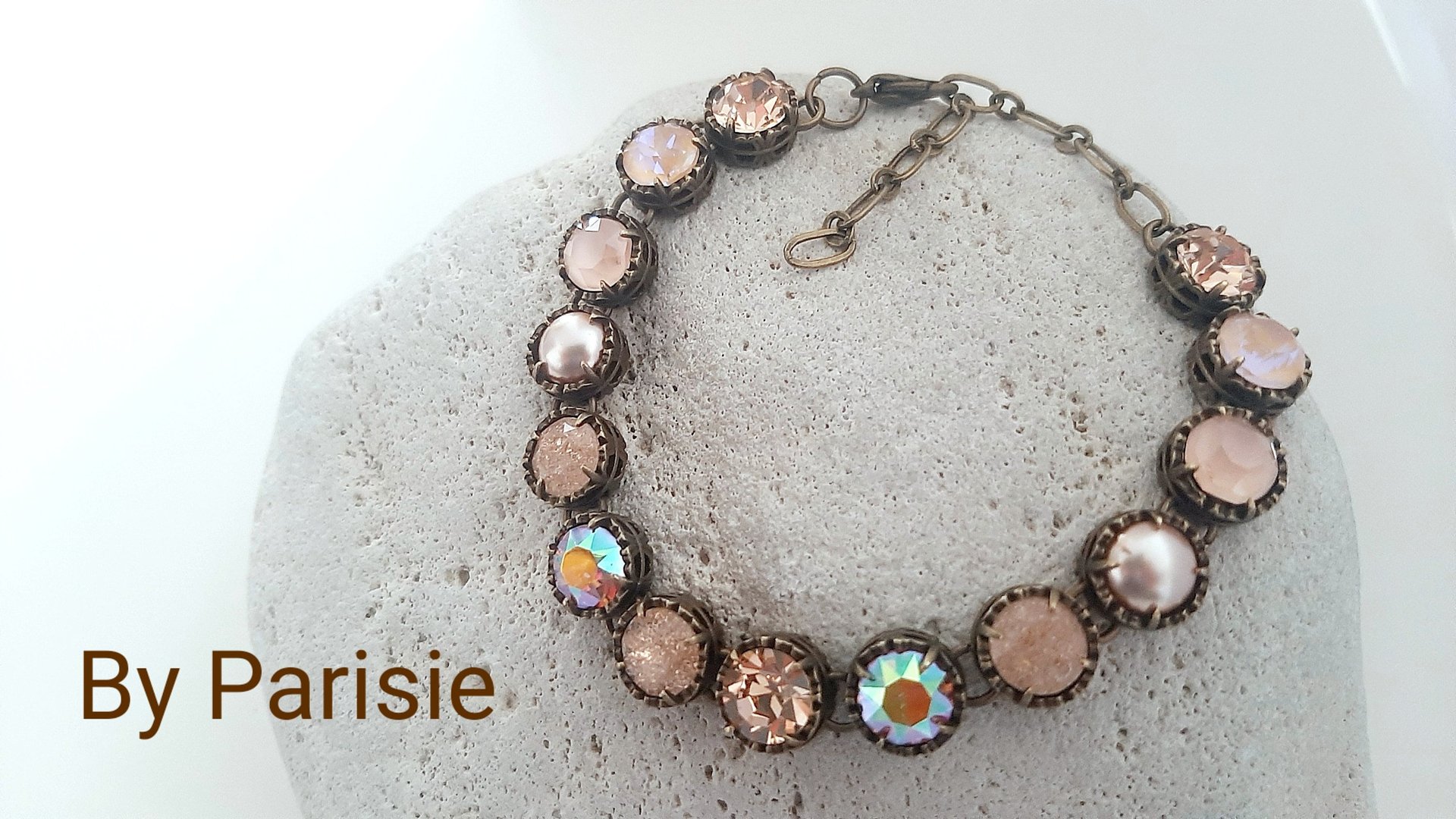 Peach Beige Multi-colors Rhinestone Bracelet in Bronze, Women Antique Crystal Jewelry, Art Deco Style Gifts for Mom, Vintage Bracelets