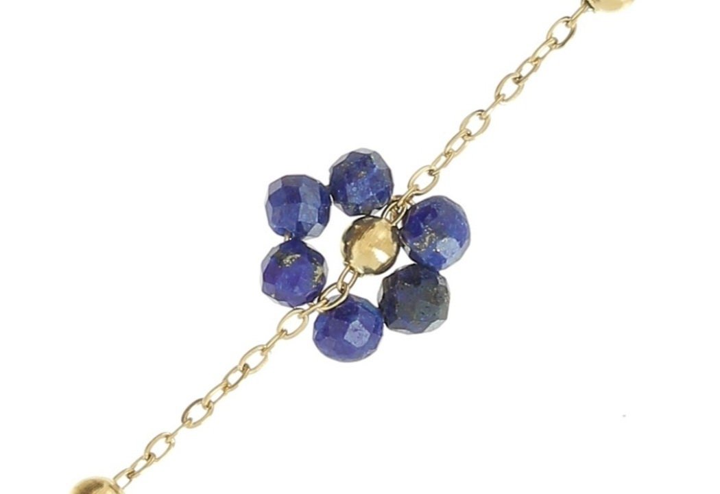 Blue Lapis Lazuli Beaded Chain Bracelet, Gemstone Flower Beads Bracelet, Everyday Gold Jewelry, Fashion Birthday Gift for Girlfriend