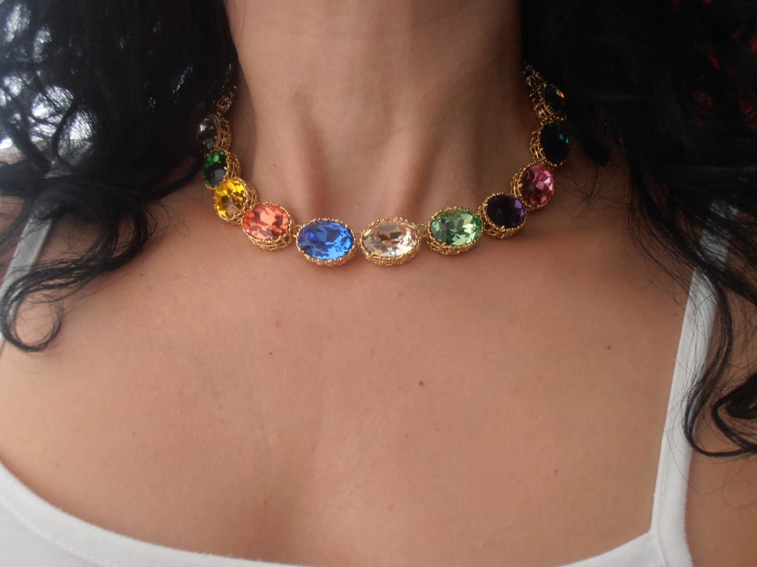 Anna Wintour Necklace, Rainbow Riviere Choker made with Oval Crystals, Filigree Collet, Wedding Art Deco Jewelry, Women Gift Ideas