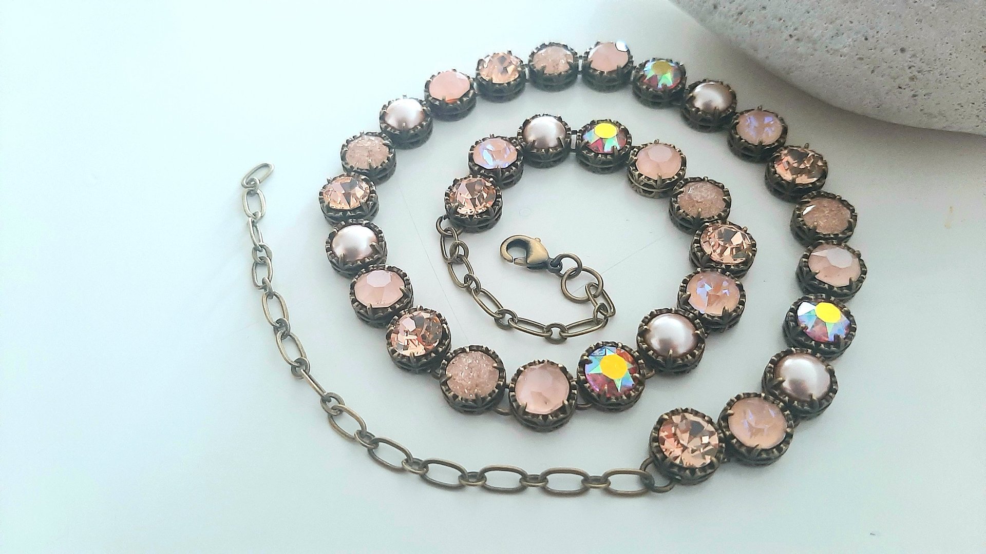 Light Peach Multi-color Crystal Tennis Necklace in Antique Bronze