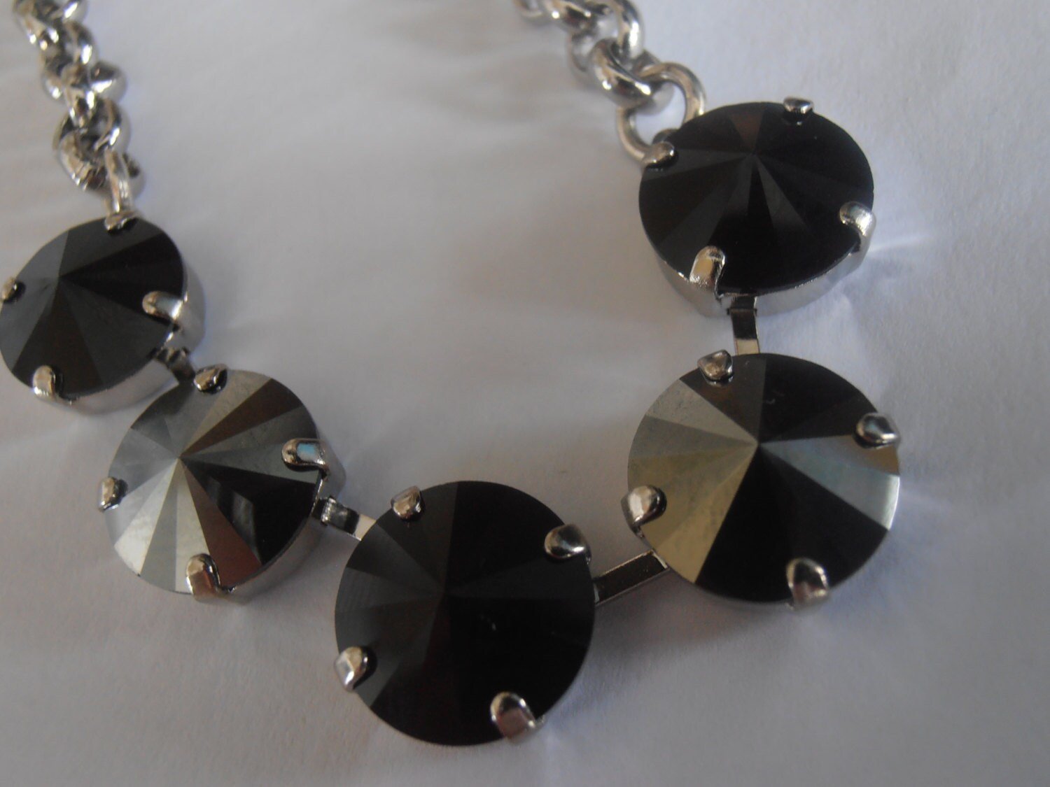 Hematite Jet Black Rivoli Crystal Necklace, Tennis Choker, Thick Rolo Chain, Gift for her