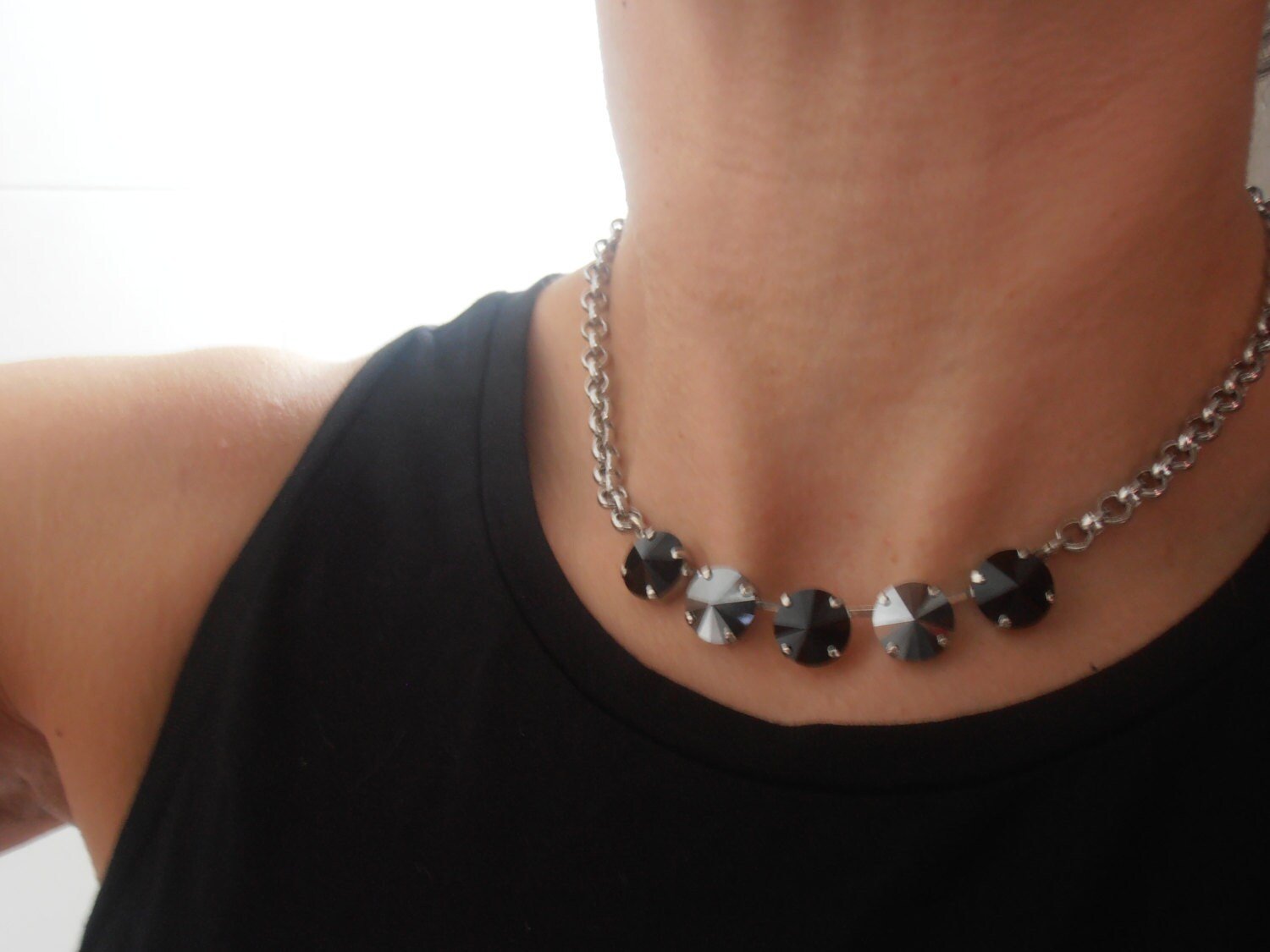 Hematite Jet Black Rivoli Crystal Necklace, Tennis Choker, Thick Rolo Chain, Gift for her