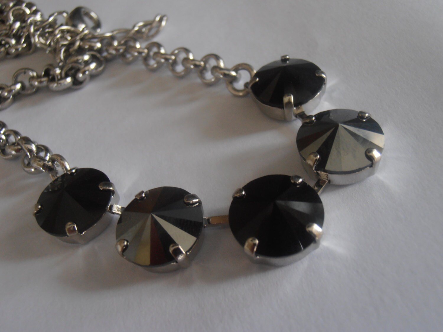 Hematite Jet Black Rivoli Crystal Necklace, Tennis Choker, Thick Rolo Chain, Gift for her