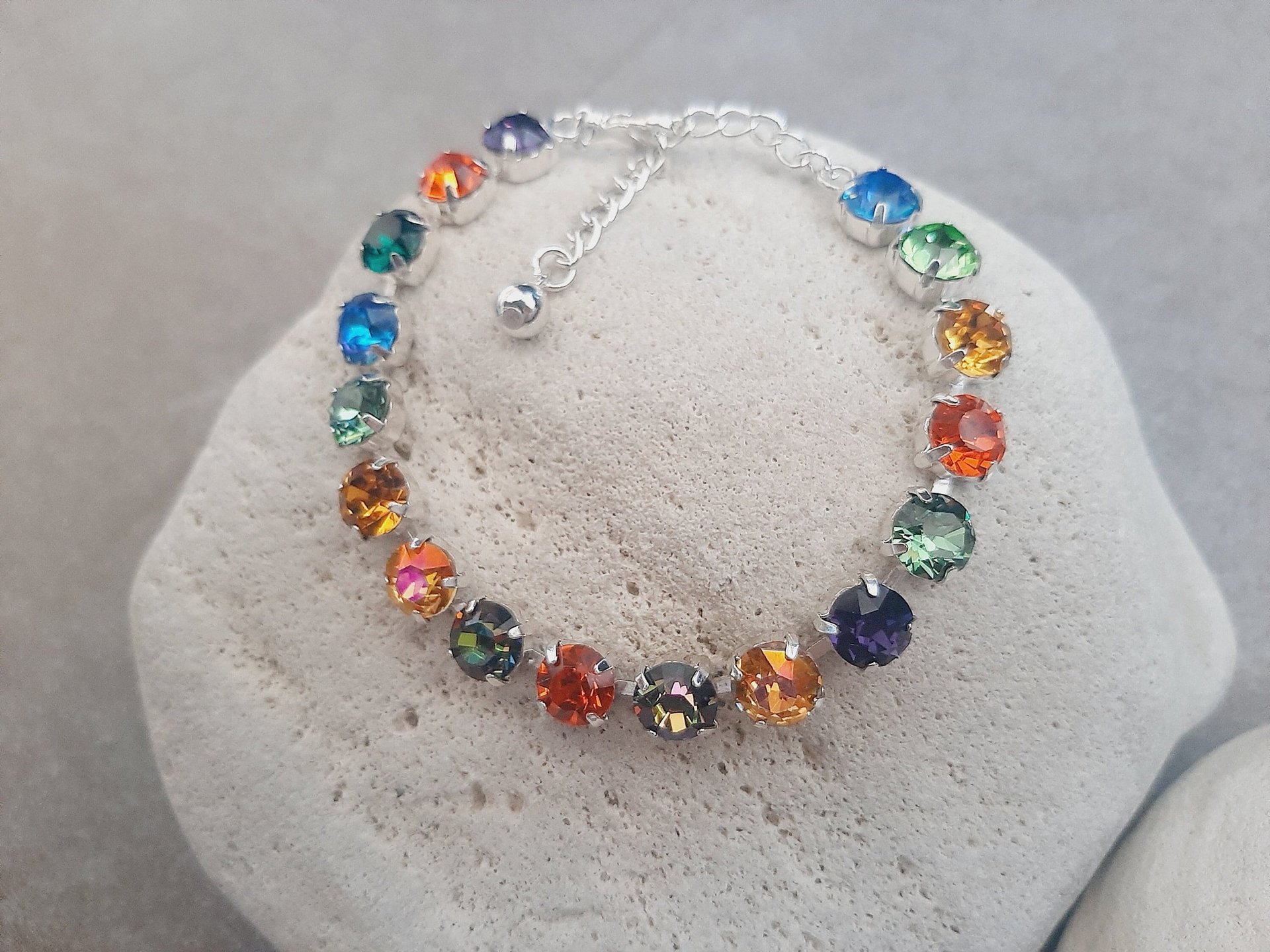 Multi-color Crystal Tennis Bracelet in Silver Cup Chain Summer Colorful Jewelry for Woman Everyday Stacking Bracelets for Weekend Mom Gift