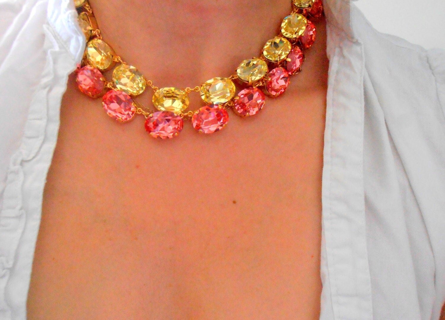 Peach Rose Collet Necklace in Gold Oval Crystal Choker Anna Wintour Statement Jewelry Women Gifts