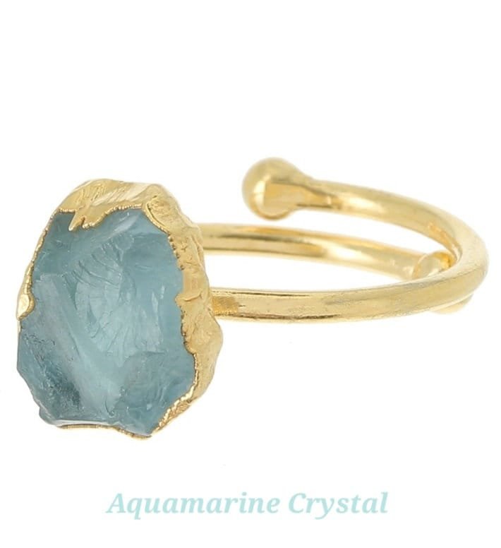 Raw Aquamarine Blue Crystal Gemstone Ring in Gold March Birthstone Adjustable Ring