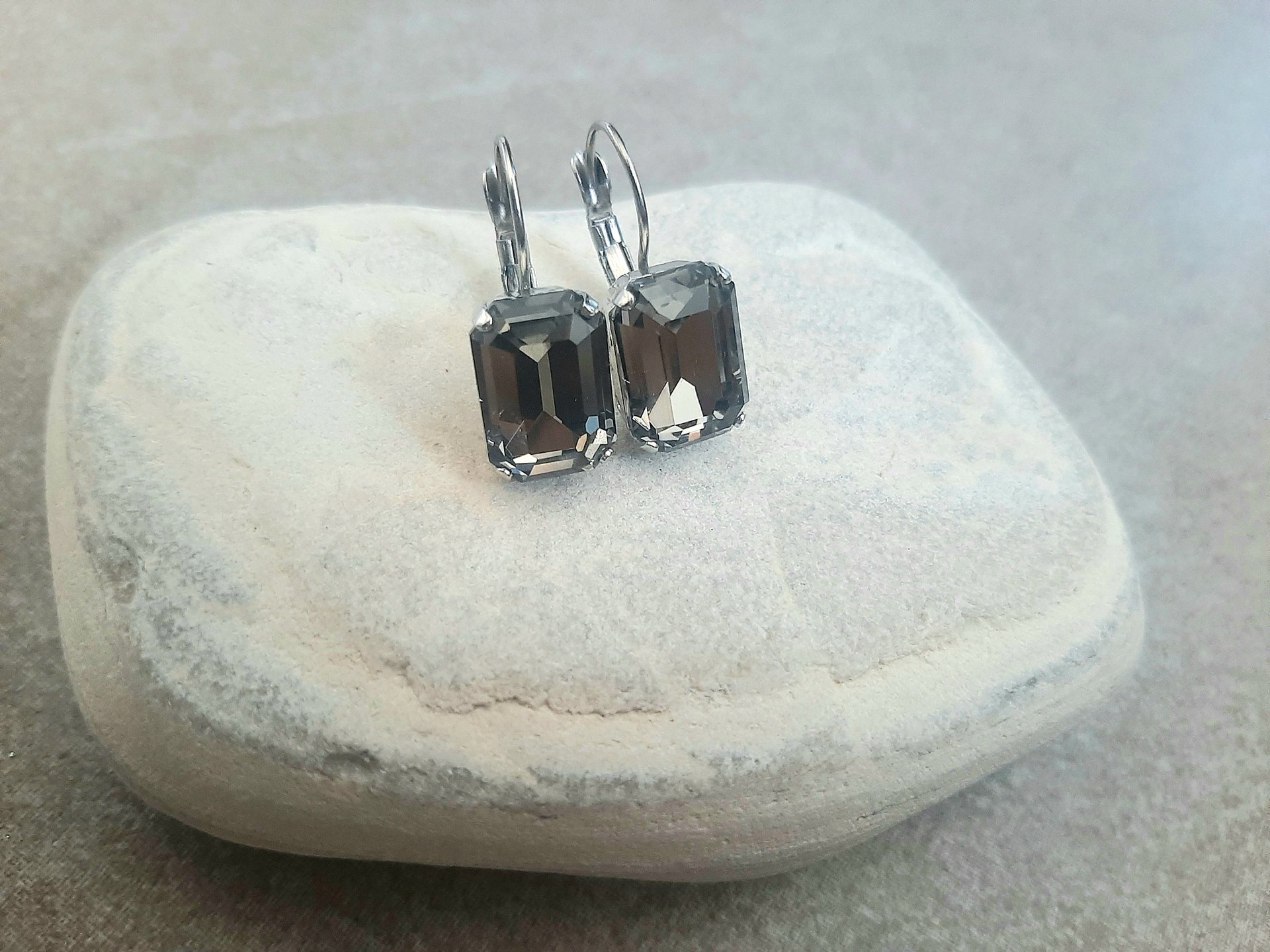 Emerald Cut Black Diamond Octagon Crystal Earrings 