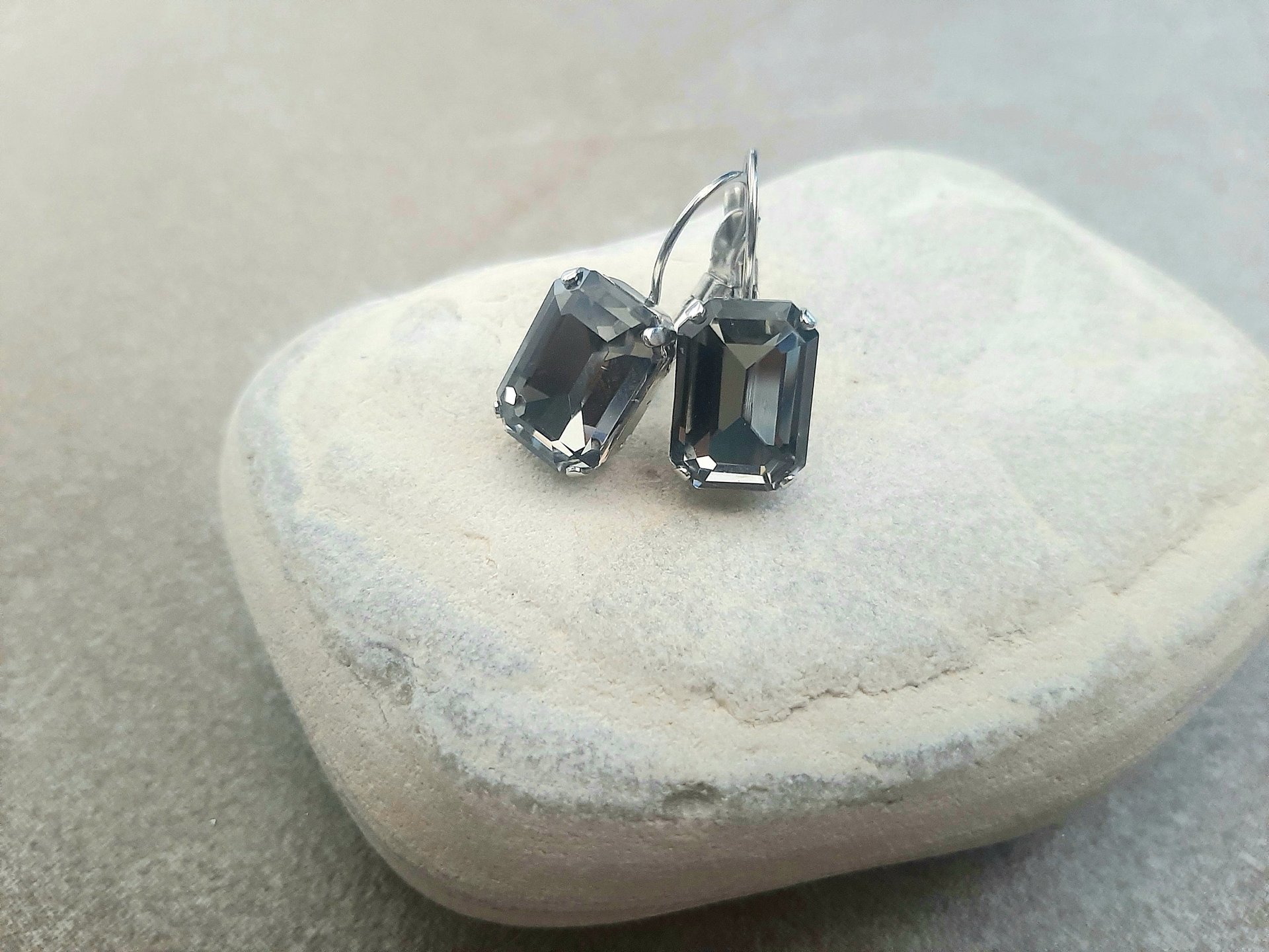 Emerald Cut Black Diamond Octagon Crystal Earrings 