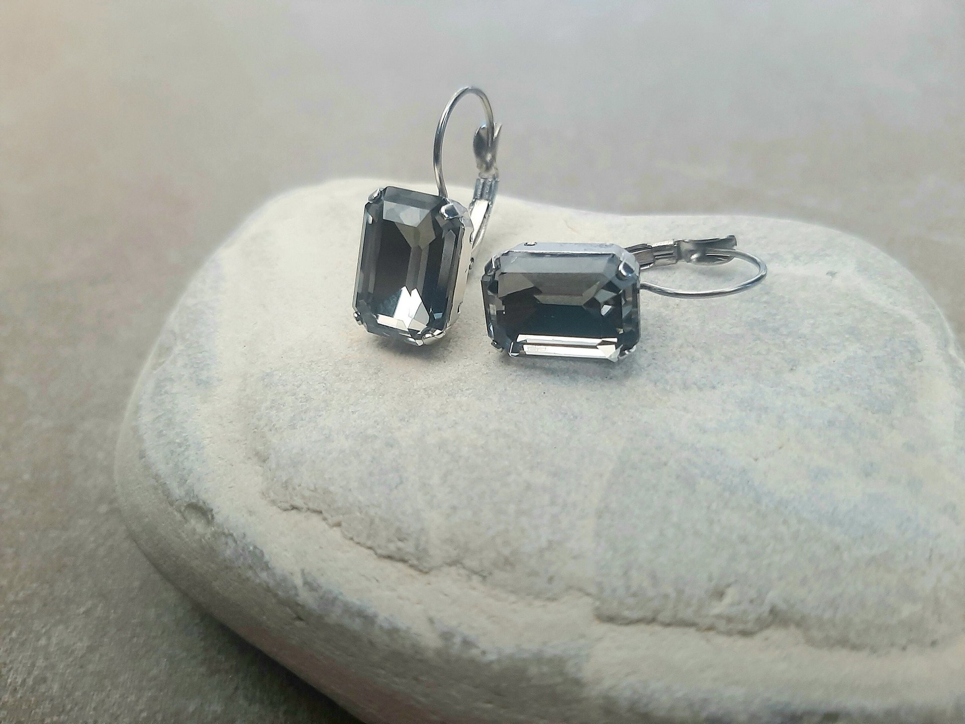 Emerald Cut Black Diamond Octagon Crystal Earrings 