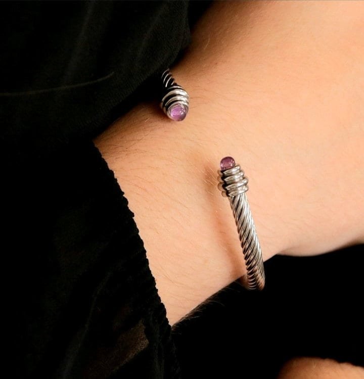 Open Cuff Bracelet with Gemstones Metal Band in Silver Jewelry | Women Stone Bangles