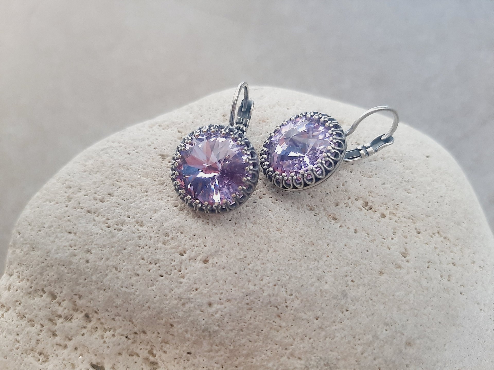 Provence Lavender Rivoli Dangle Earrings in Antique Silver | Crystal Jewelry