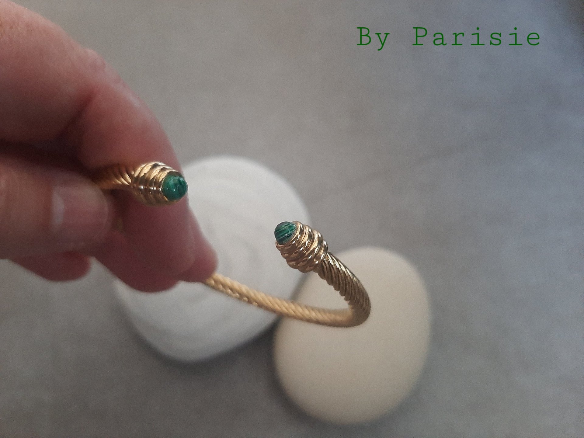 Malachite Stone Cuff Bracelet in Stainless Steel Gold