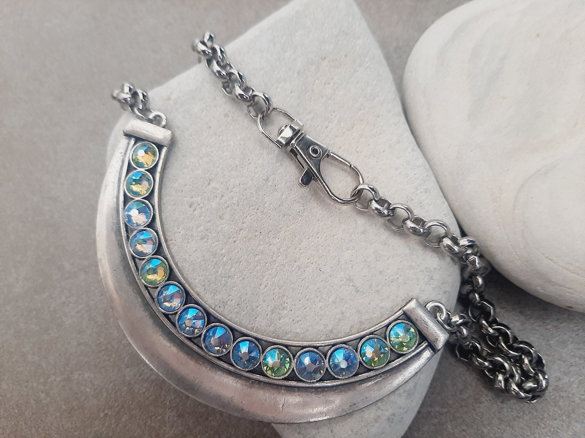 Metal Bar Bib Necklace with Aquamarine AB Rhinestones in Antique Silver | Statement Jewelry