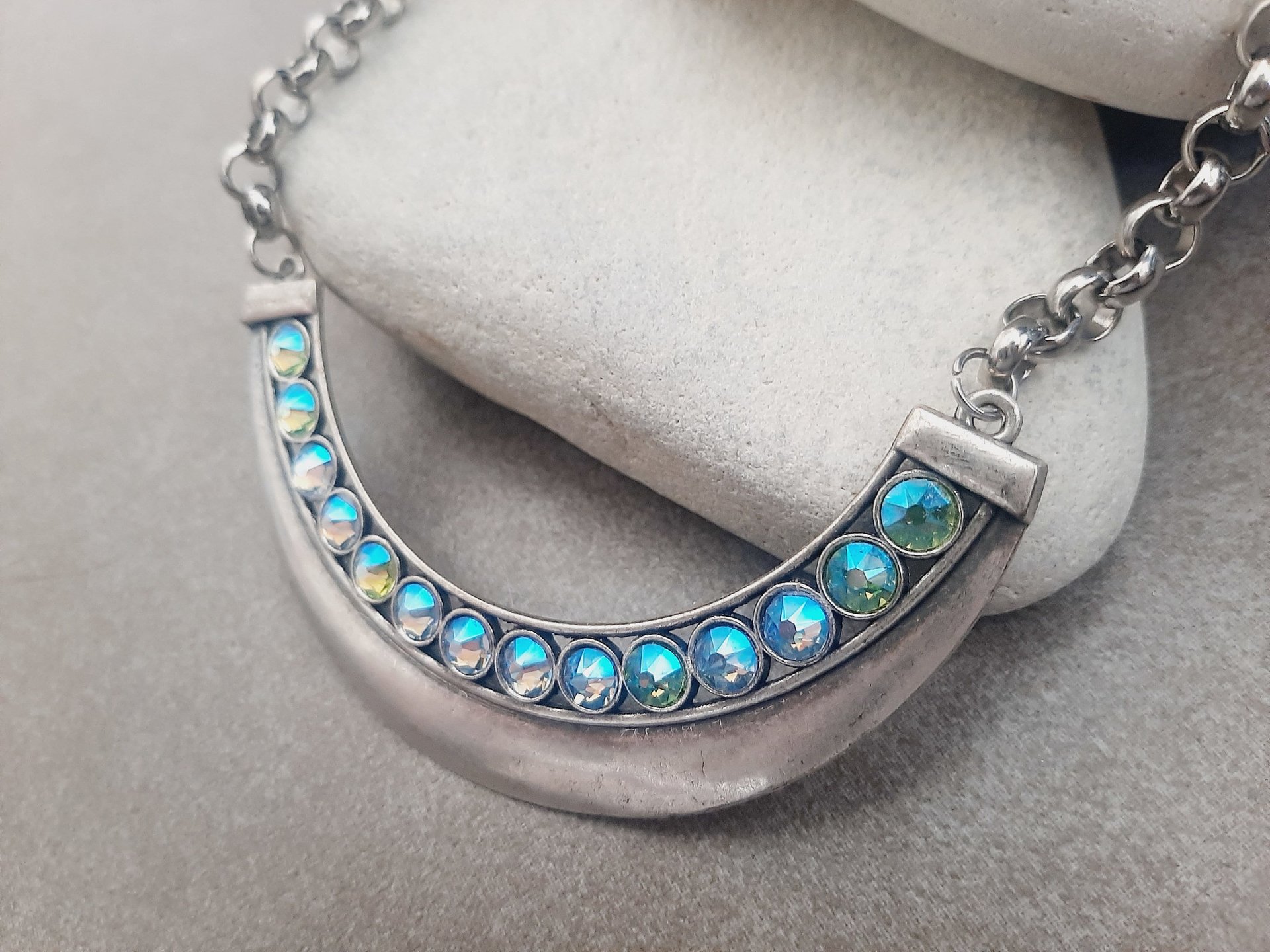 Metal Bar Bib Necklace with Aquamarine AB Rhinestones in Antique Silver | Statement Jewelry