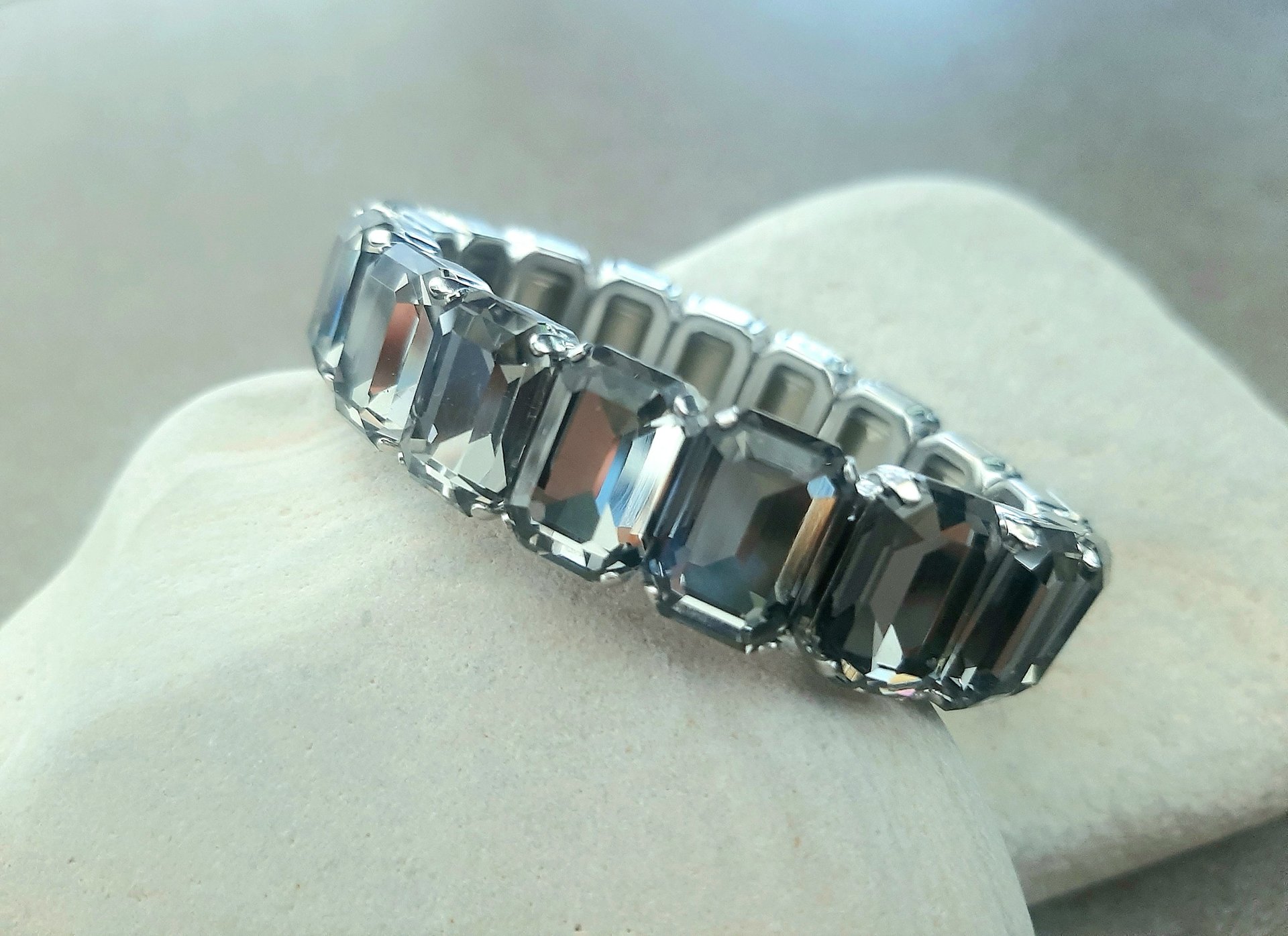 Montana Blue Crystal Stretch Bracelet in Platinum | Emerald Cut Cuff Jewelry 