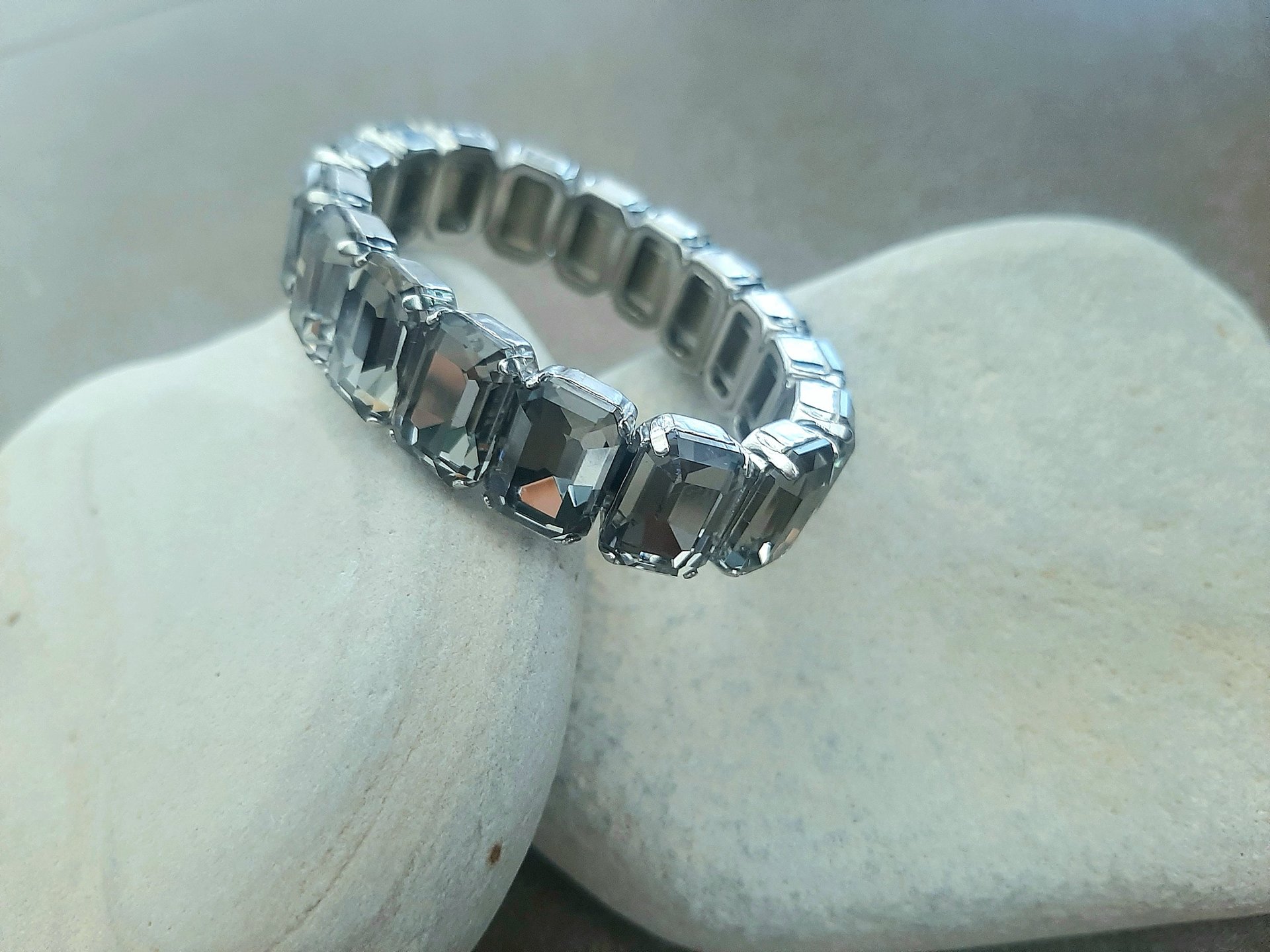 Austrian Grey Crystal Stretch Bracelet | Emerald Cut Modern Cuff 