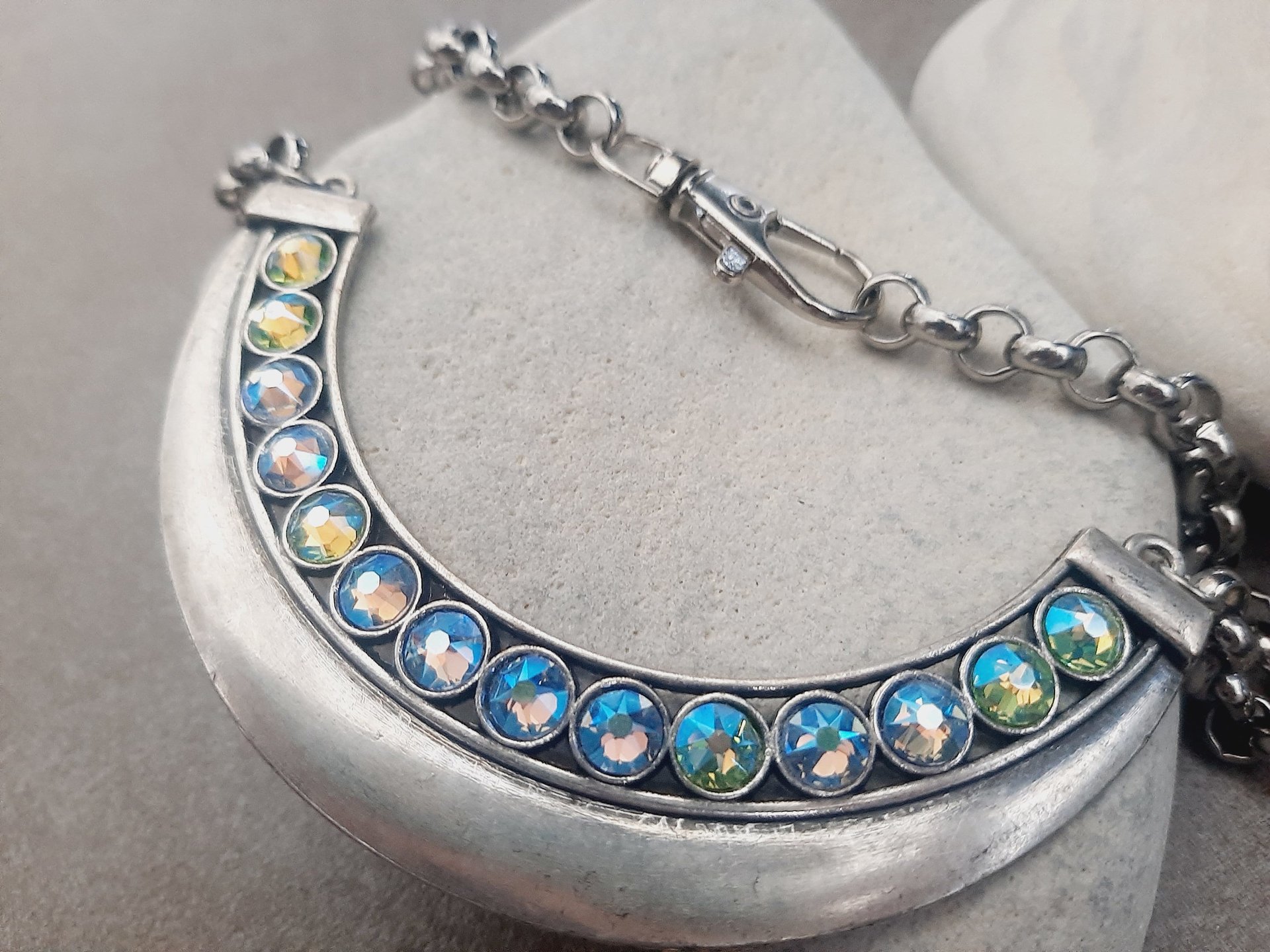 Metal Bar Bib Necklace with Aquamarine AB Rhinestones in Antique Silver | Statement Jewelry