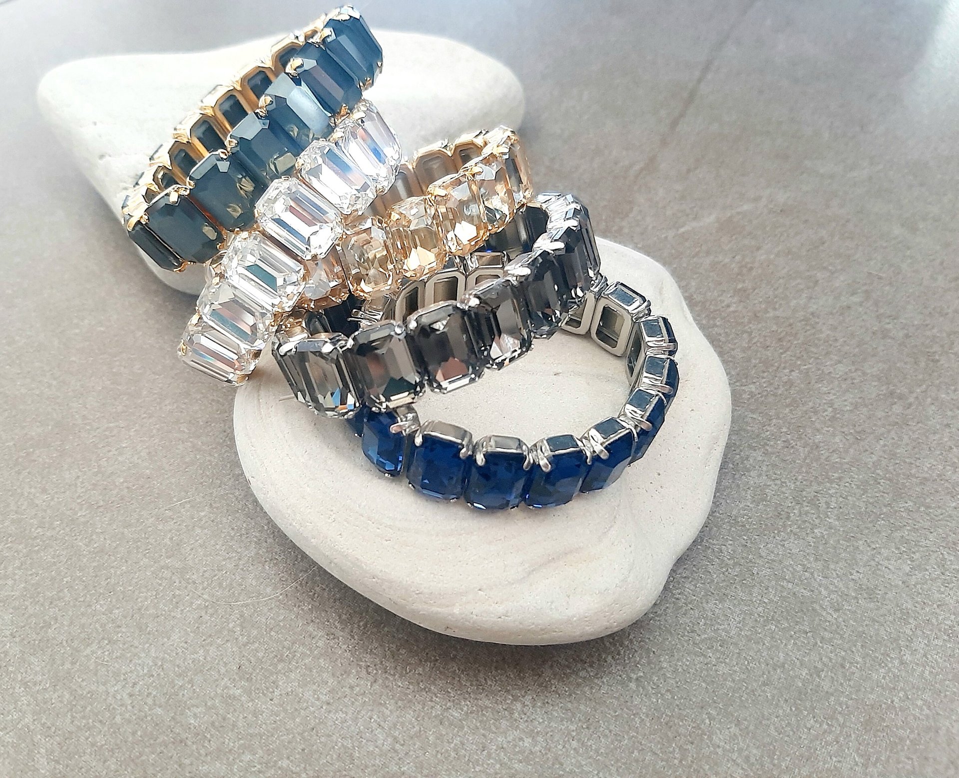 Montana Blue Crystal Stretch Bracelet in Platinum | Emerald Cut Cuff Jewelry 