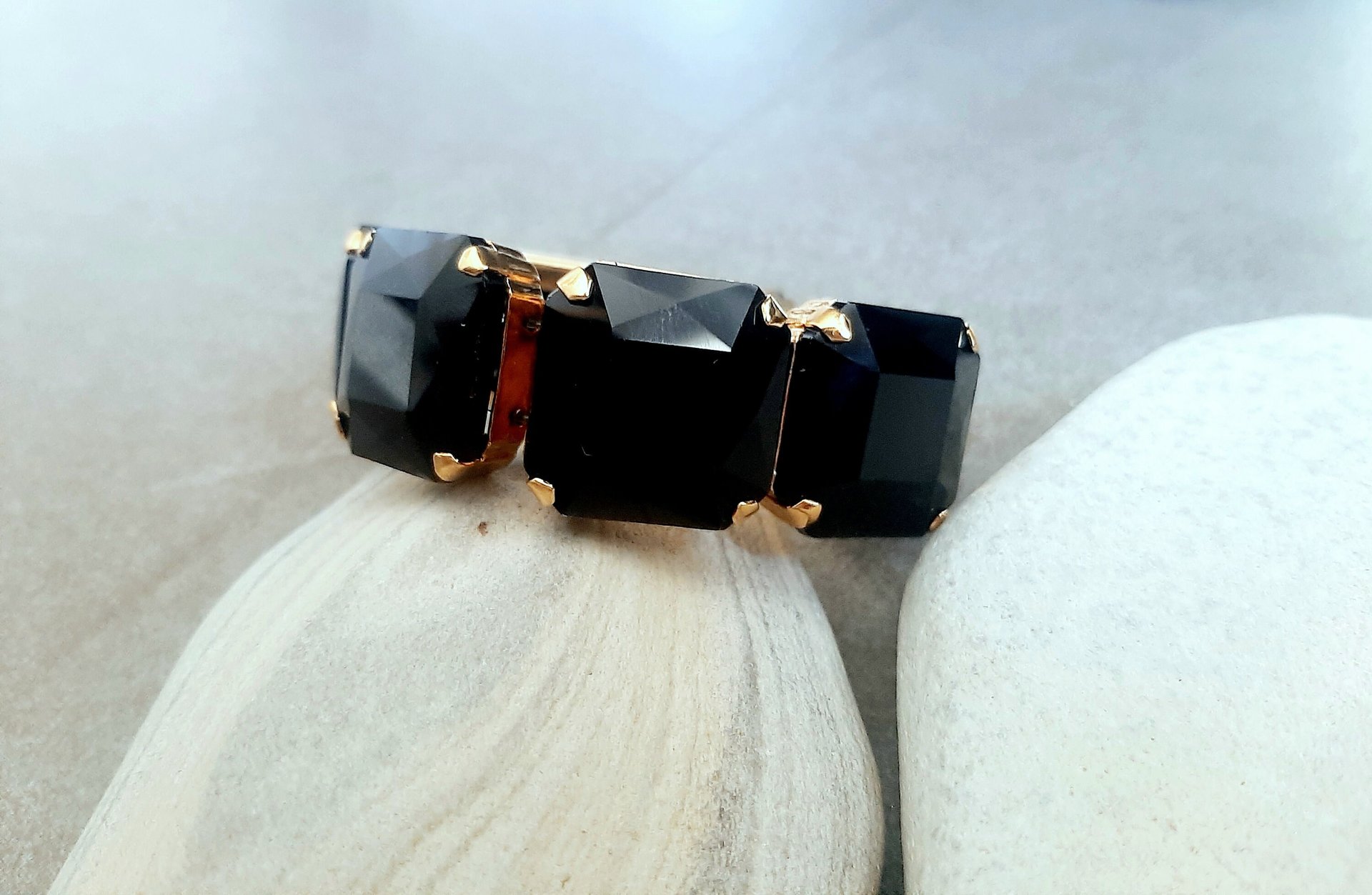 Jet Black Crystal Stretch Bracelet in Gold | Chunky Crystal Cuff 4675